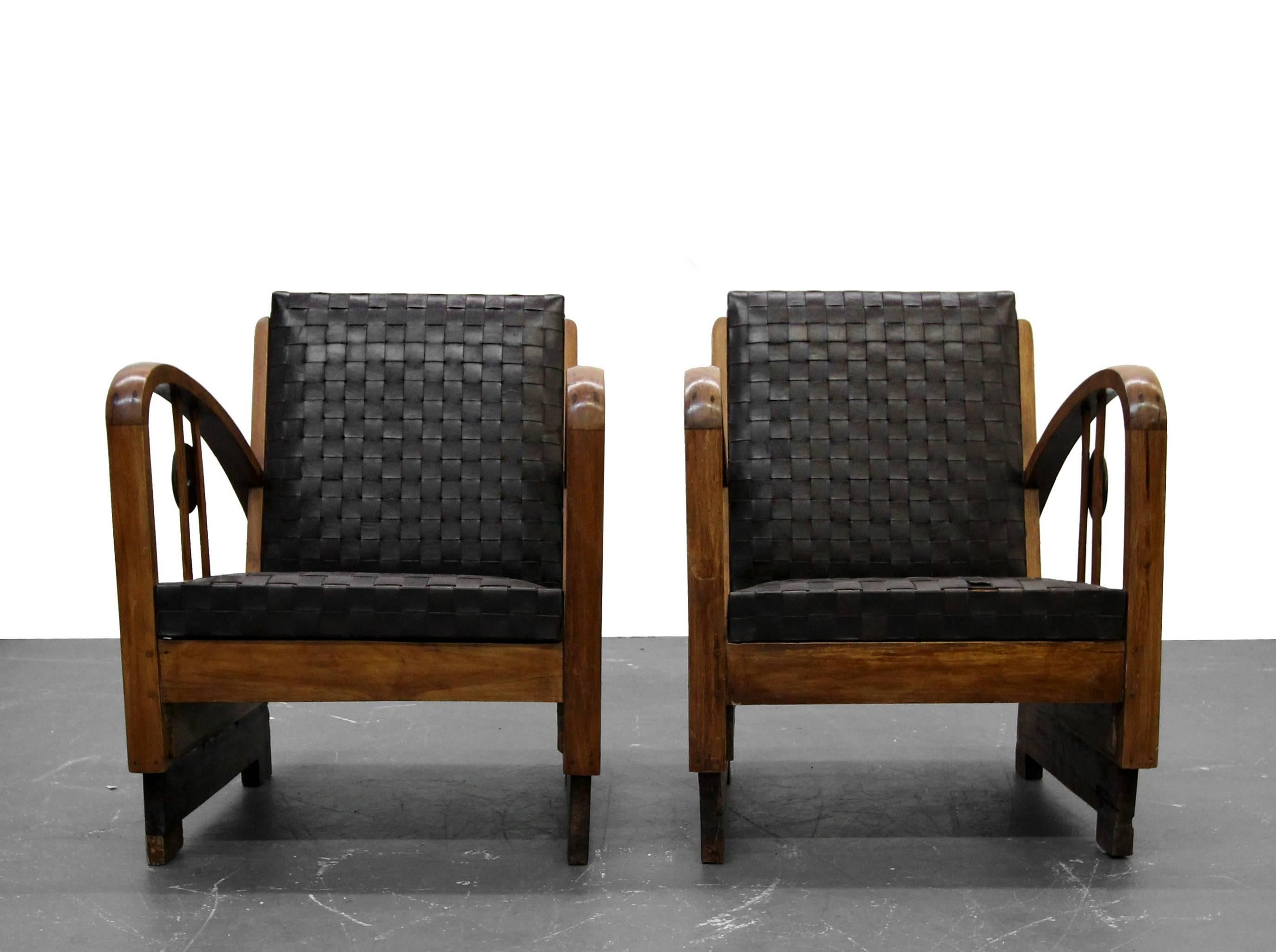 Pair of Antique French Art Deco Bentwood Lounge Chairs with Woven Leather In Excellent Condition In Las Vegas, NV