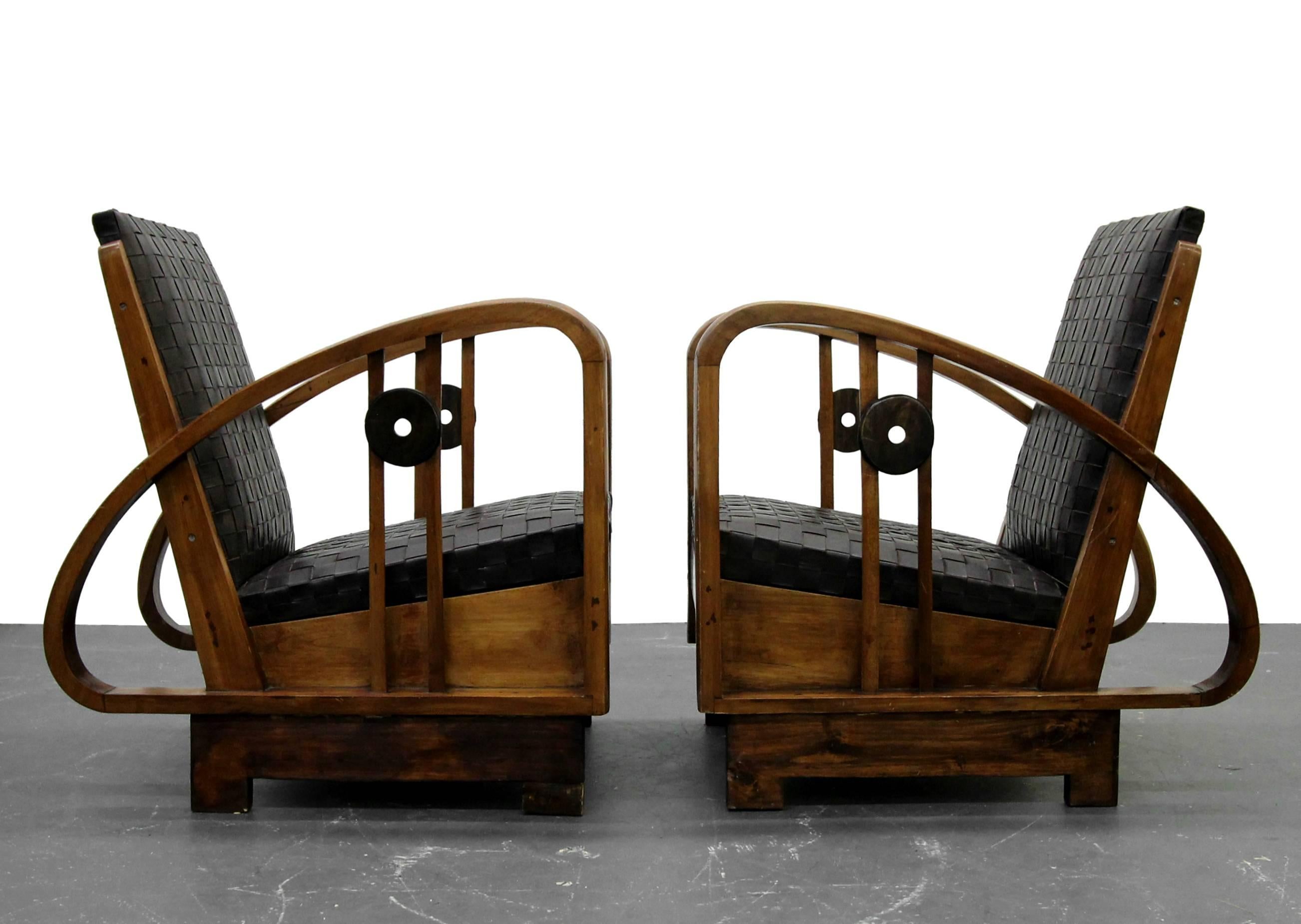 Hand-Woven Pair of Antique French Art Deco Bentwood Lounge Chairs with Woven Leather