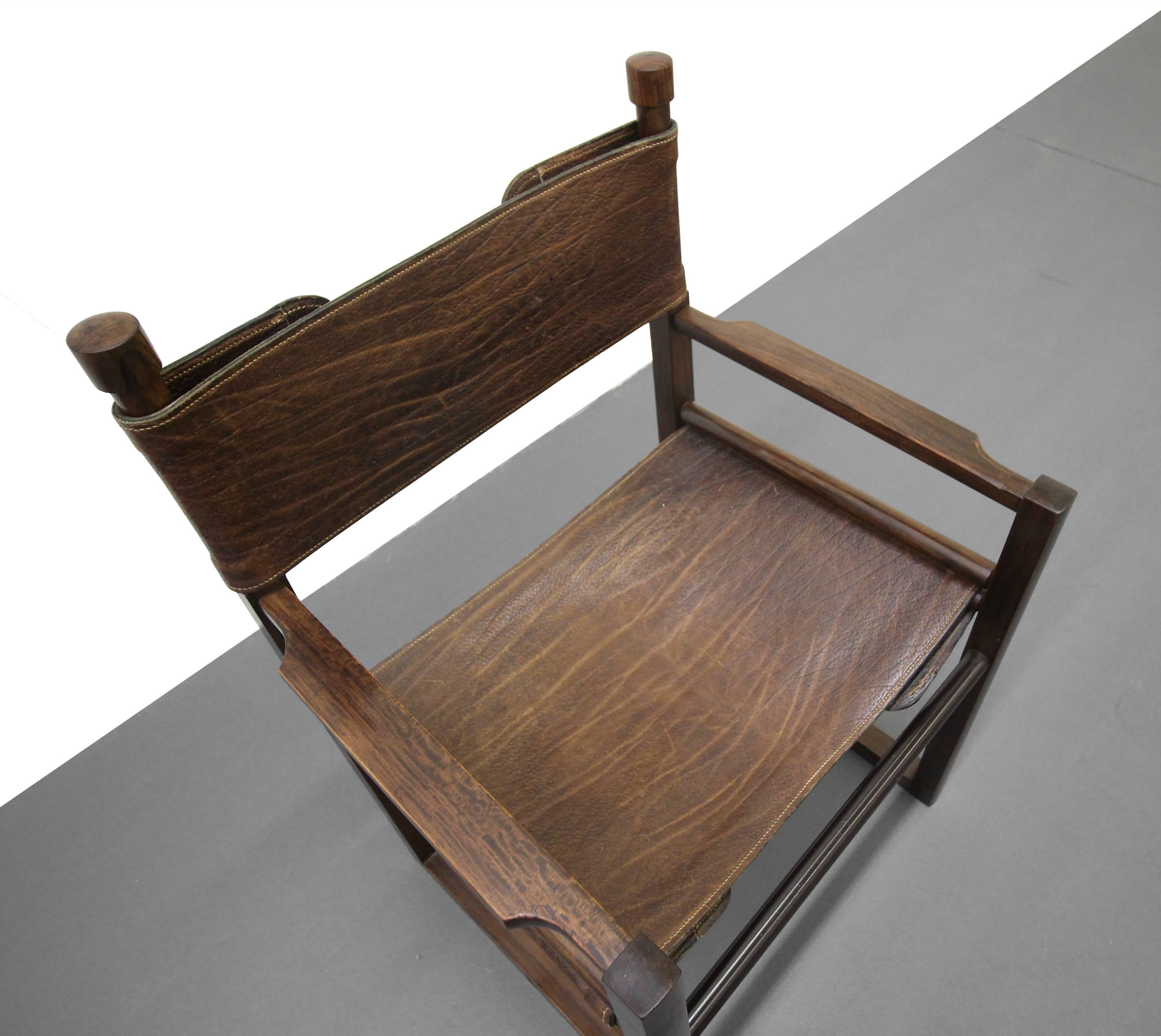 Mid-Century Modern Midcentury Solid Rosewood Brazilian Leather Sling Side Chair by Jonathan Ginat