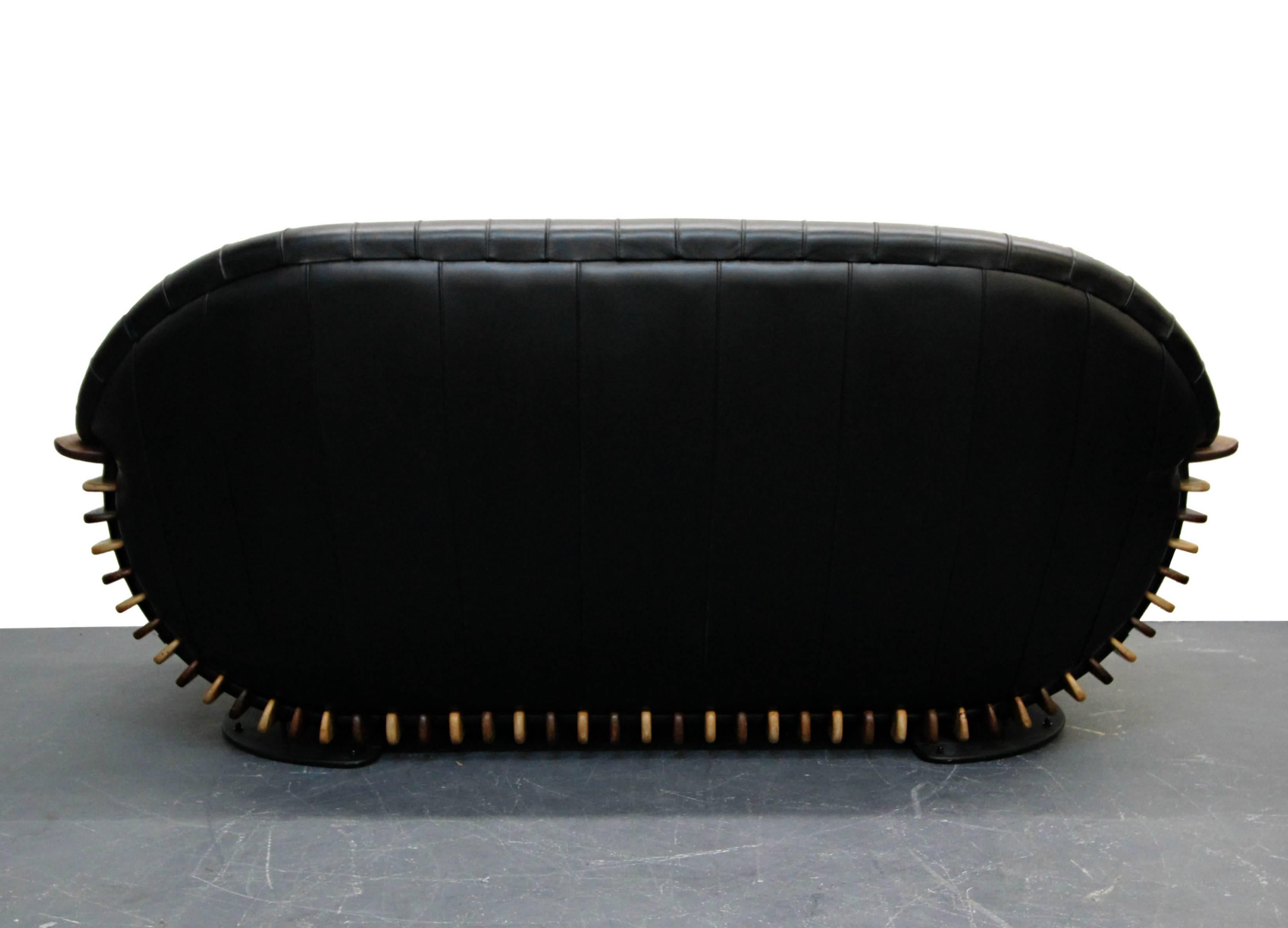 20th Century Pacific Green Luxor Leather and Palm Wood Sofa