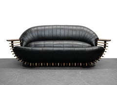 Pacific Green Luxor Leather and Palm Wood Sofa