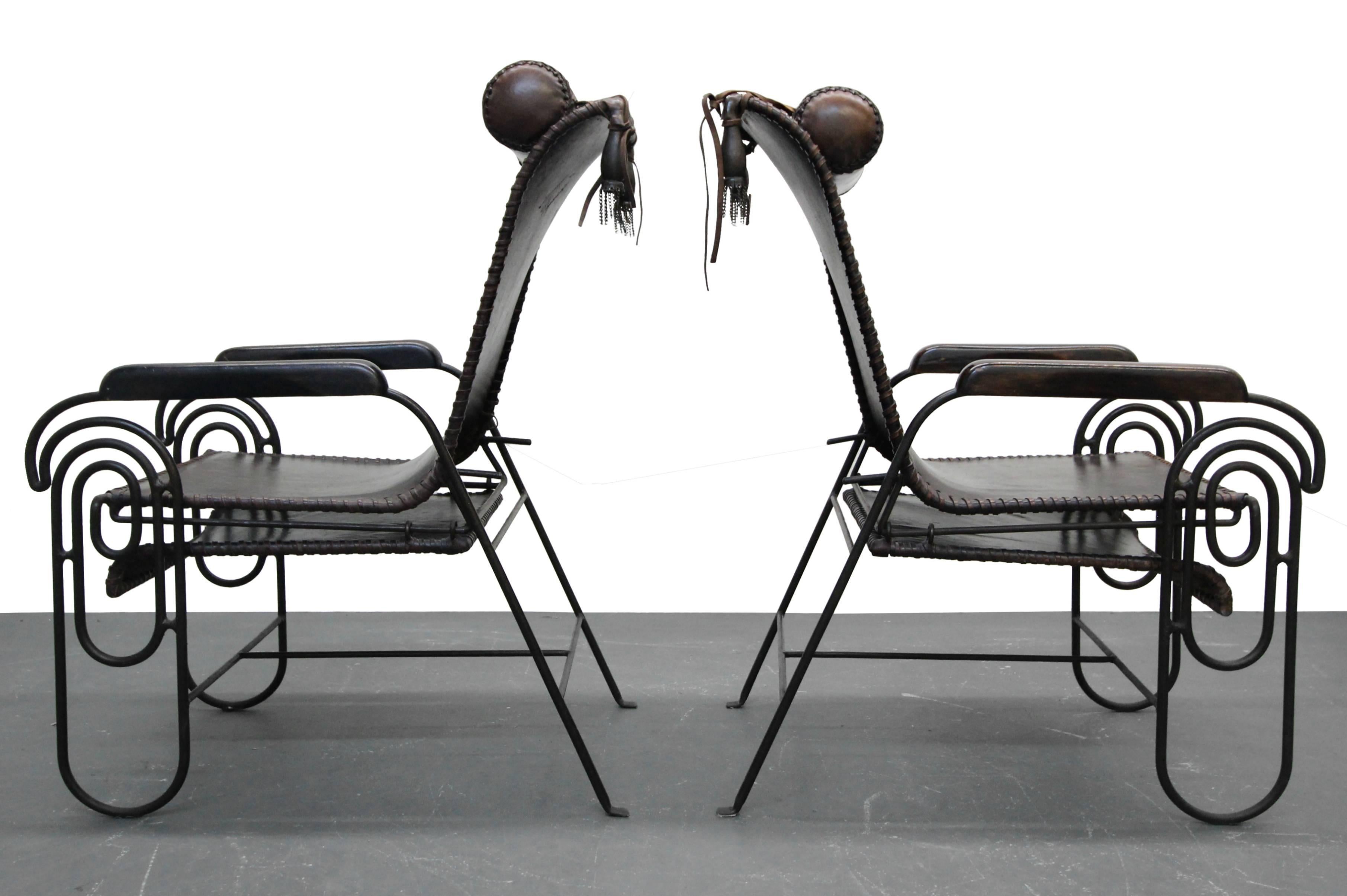 20th Century Pair of Art Deco Iron and Leather Rocking Lounge Chairs