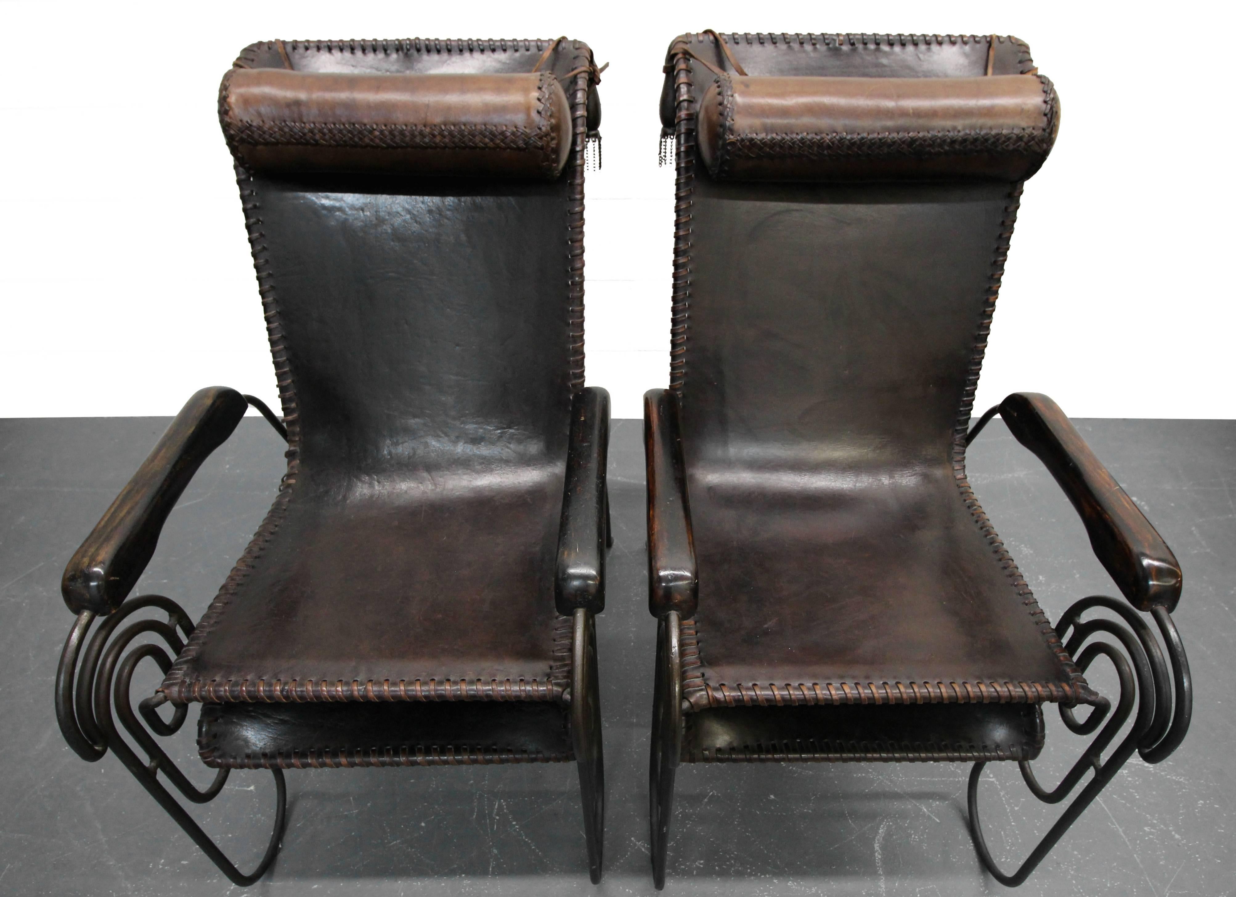 Pair of Art Deco Iron and Leather Rocking Lounge Chairs 3