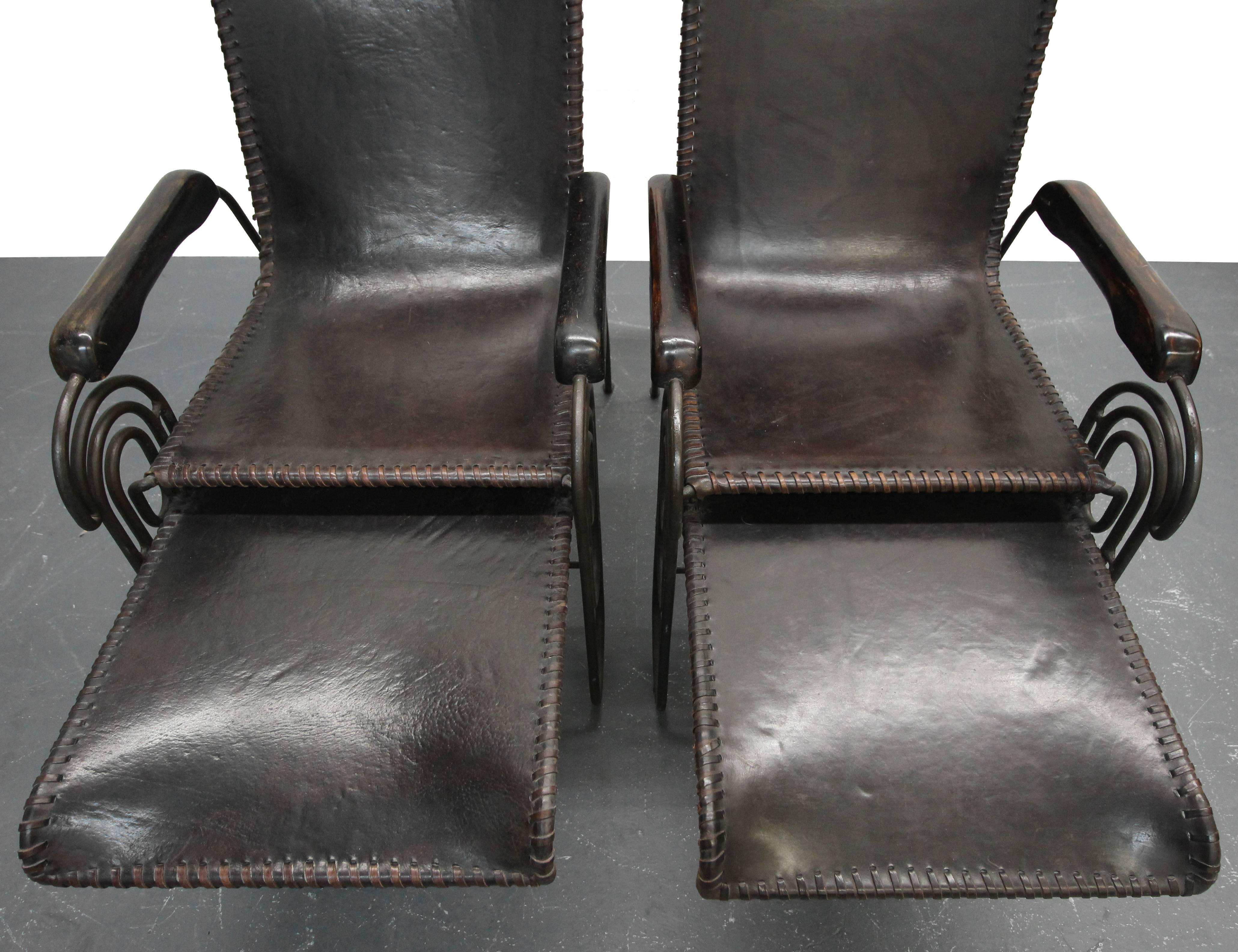 Pair of Art Deco Iron and Leather Rocking Lounge Chairs 4
