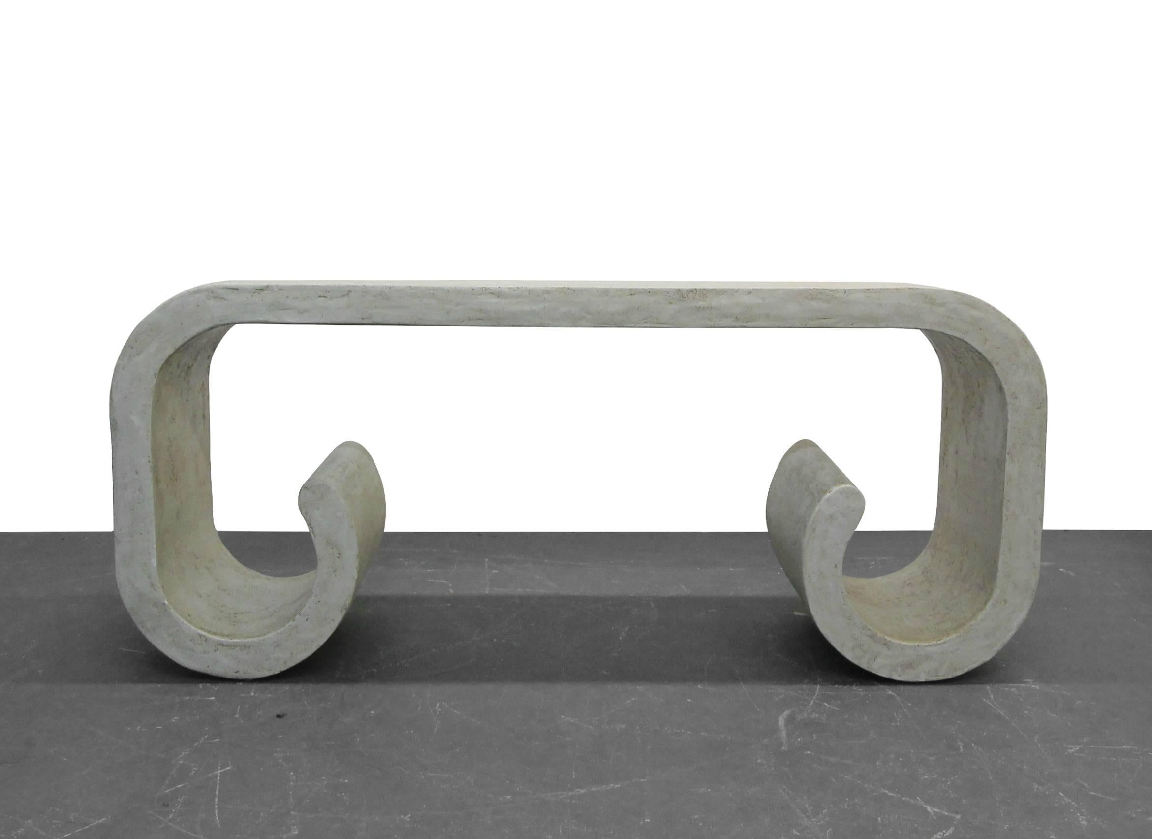 Italian Plaster Faux Concrete Style Scroll Console Table In Excellent Condition In Las Vegas, NV