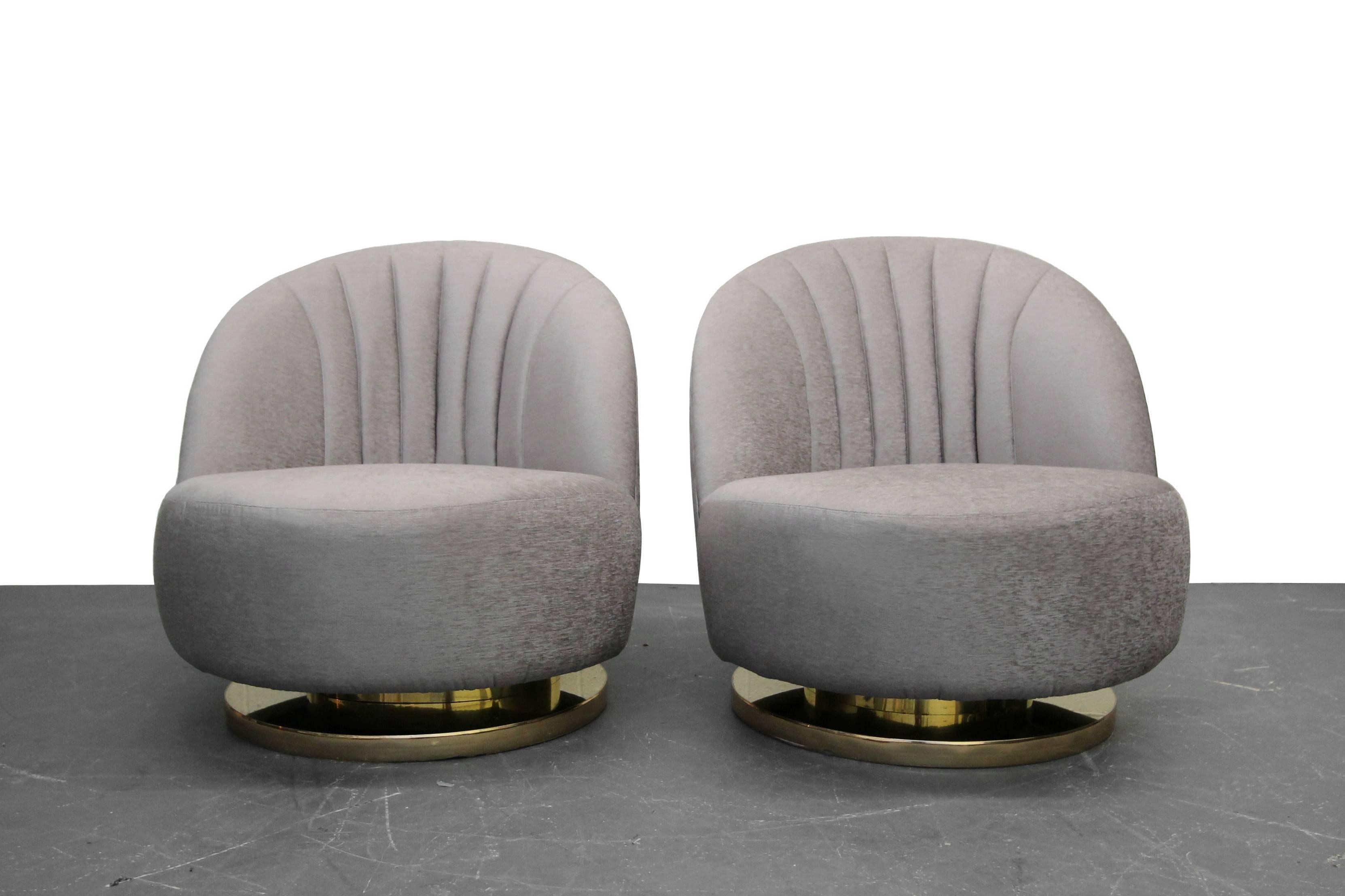 Mid-Century Modern Midcentury Pair of Swivel Slipper Chairs with Brass Bases by Milo Baughman