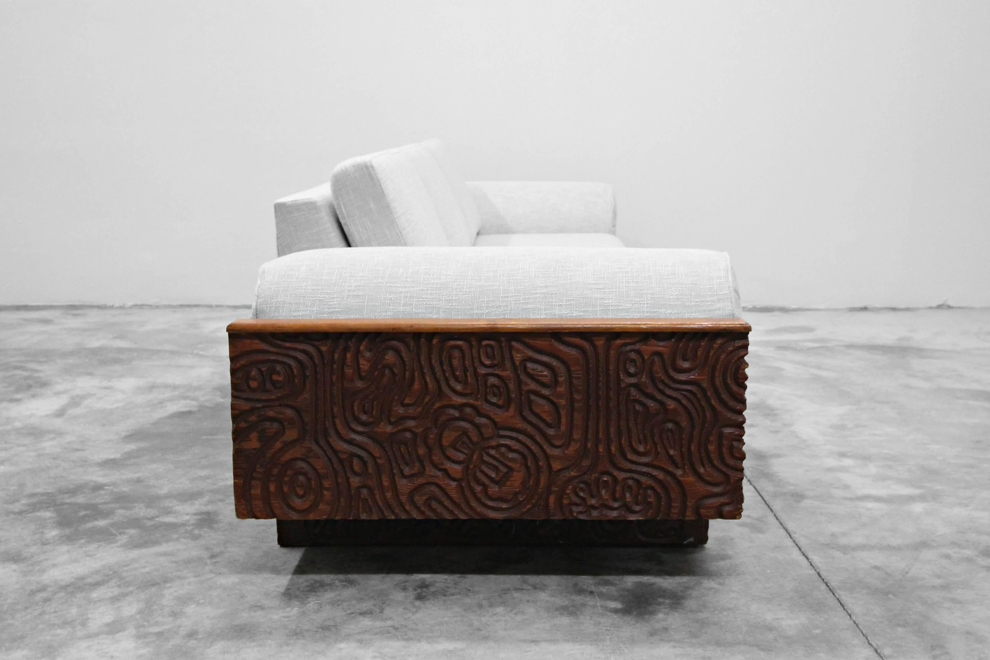 Mid-Century Modern Monumental Panelcarve Style Carved Wood Sofa, attributed to Sherrill Broudy