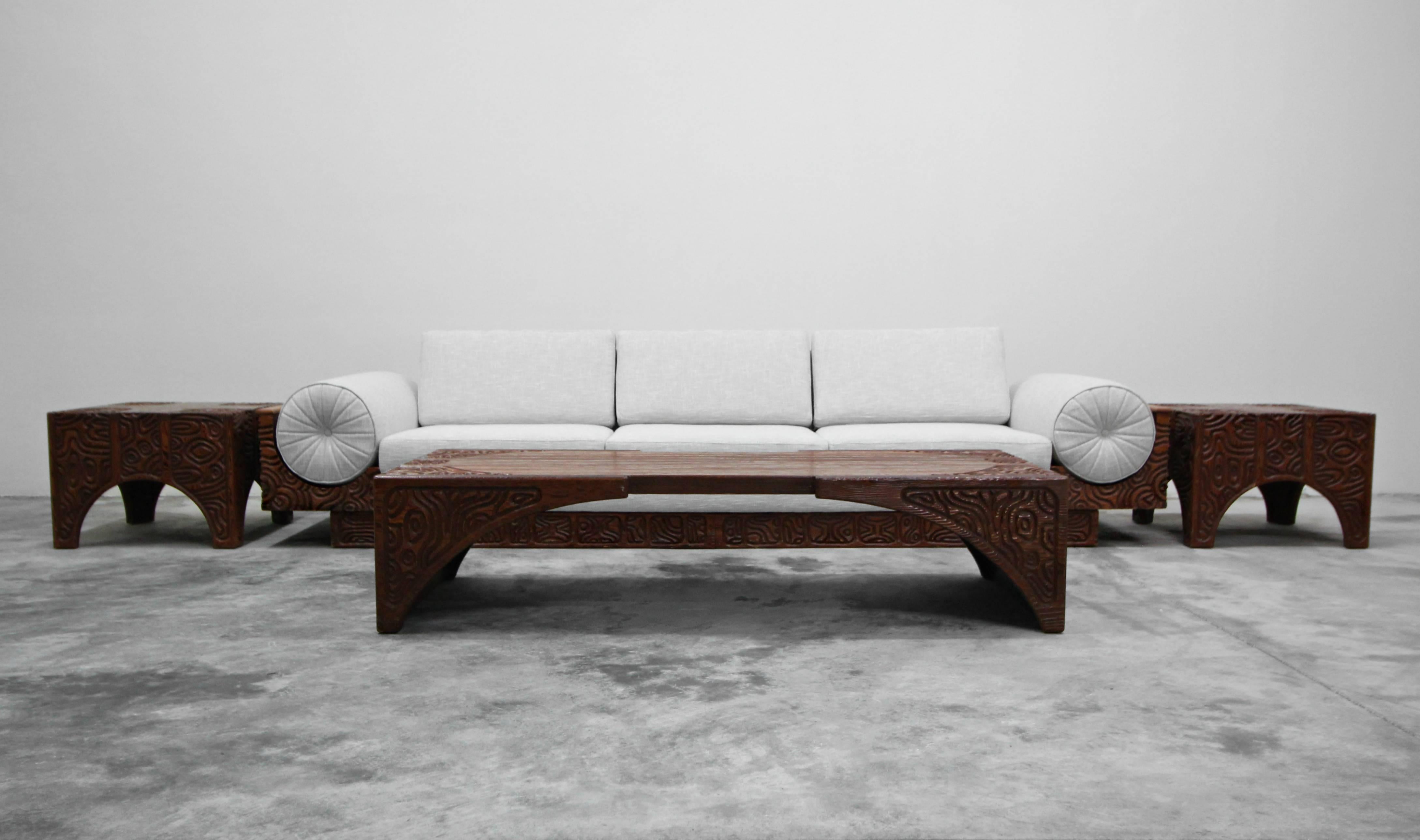 20th Century Monumental Panelcarve Style Carved Wood Sofa, attributed to Sherrill Broudy