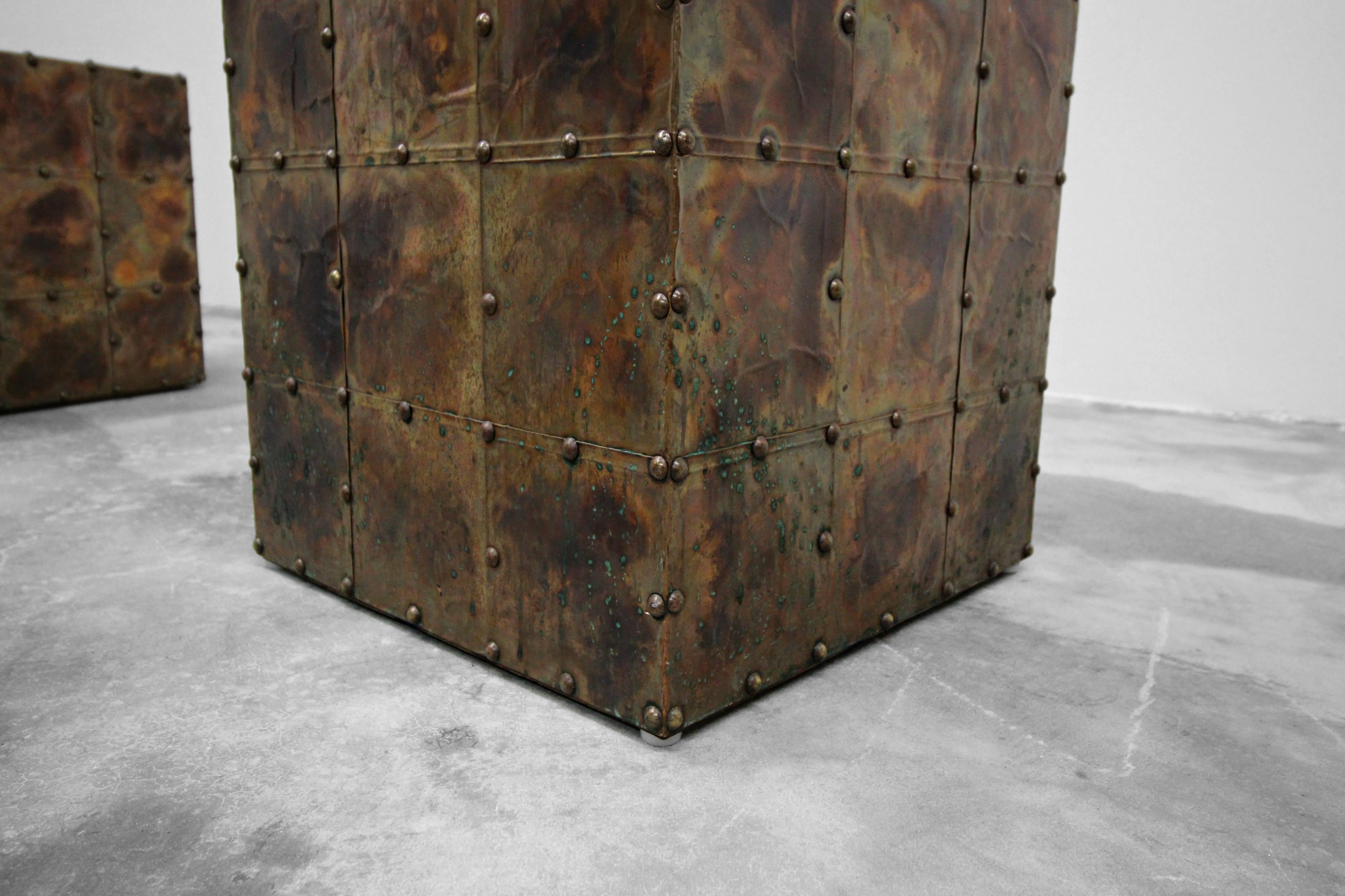 Pair of Patinaed Copper Cube Side Tables Made in Spain by Sarreid 1