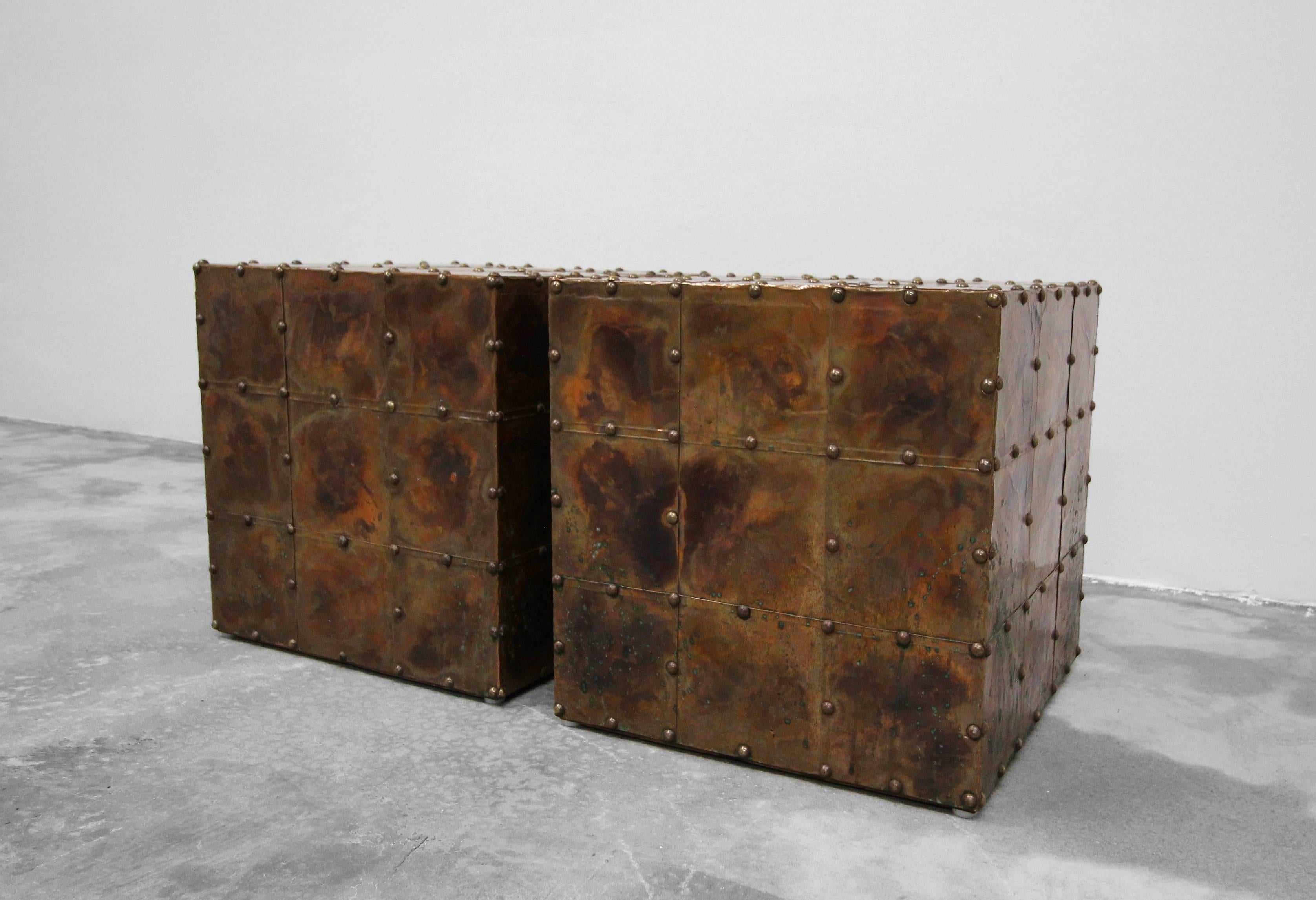 20th Century Pair of Patinaed Copper Cube Side Tables Made in Spain by Sarreid
