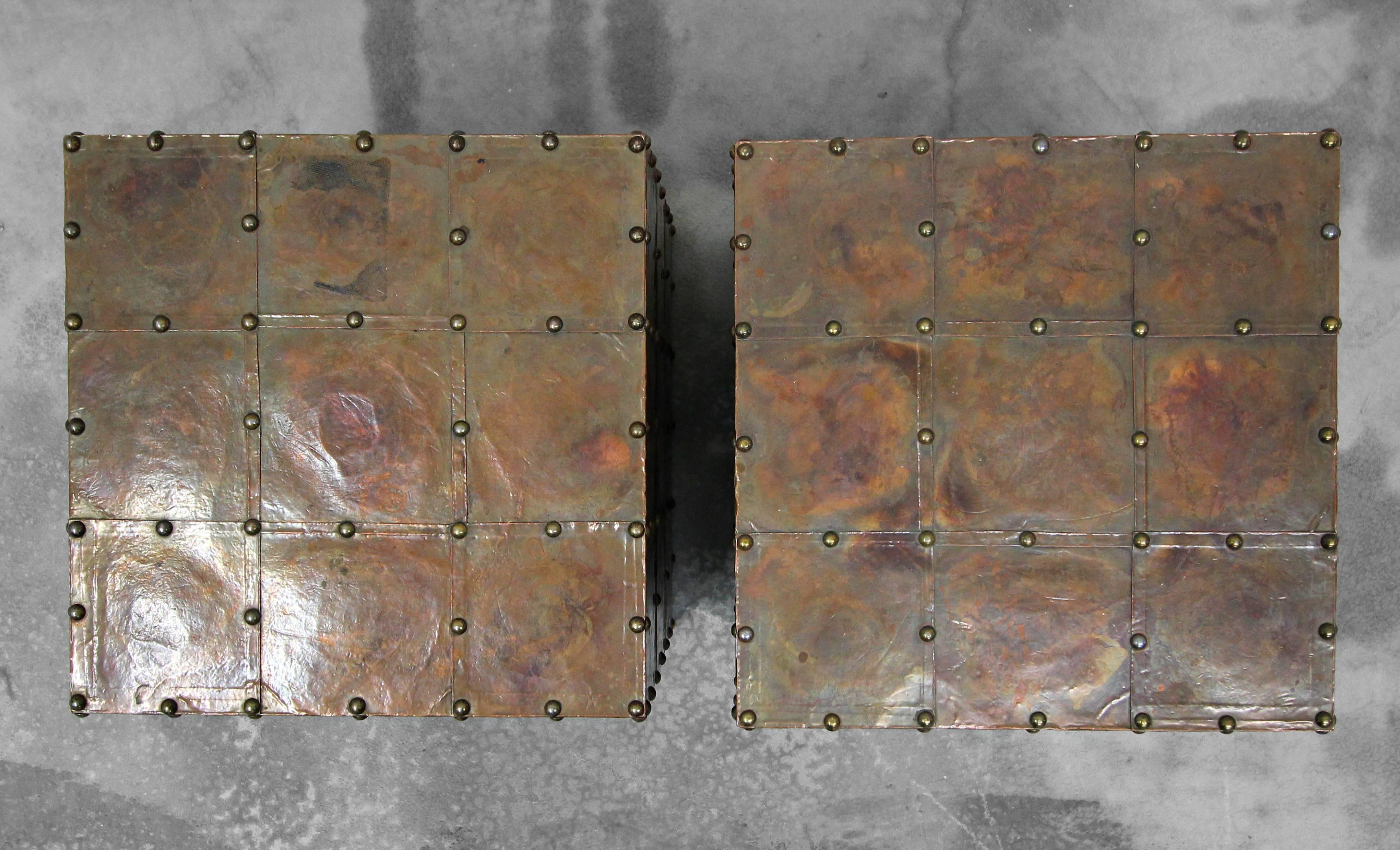 Pair of Patinaed Copper Cube Side Tables Made in Spain by Sarreid 2