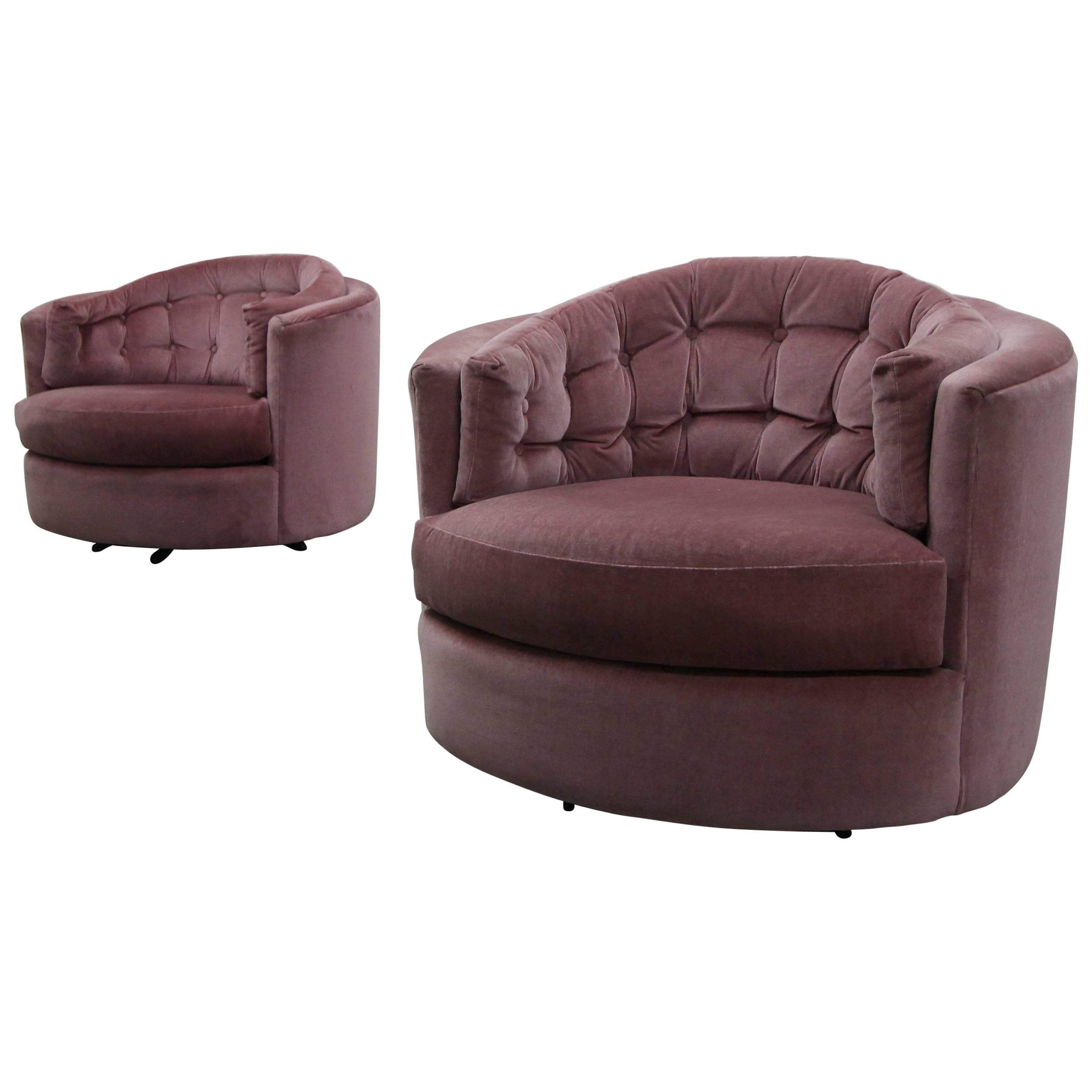 Large Pair of Midcentury Tufted Back Barrel Swivel Chairs by Milo Baughman