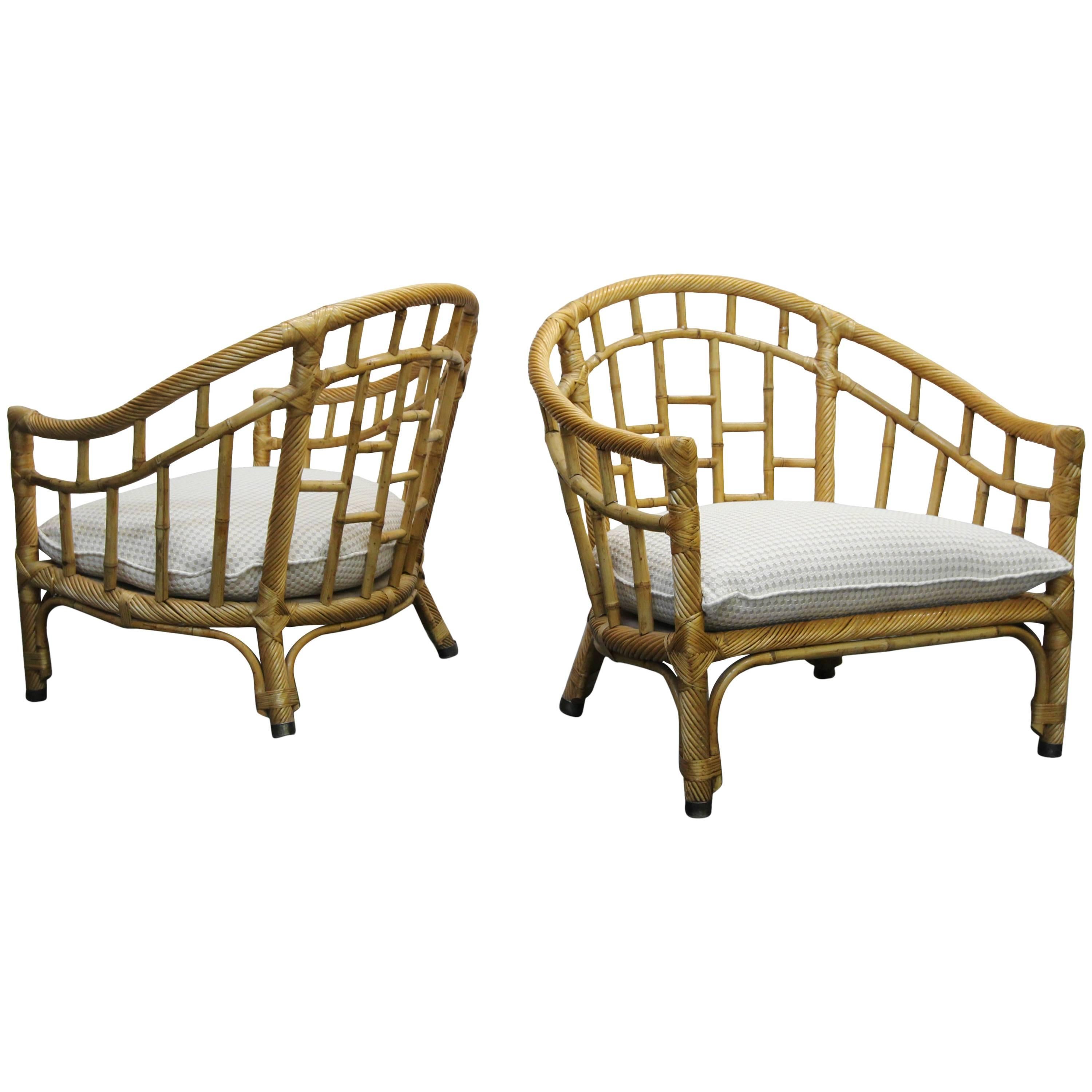 Pair of Oversized Barrel Back Bamboo and Rattan Chairs by Ficks Reed