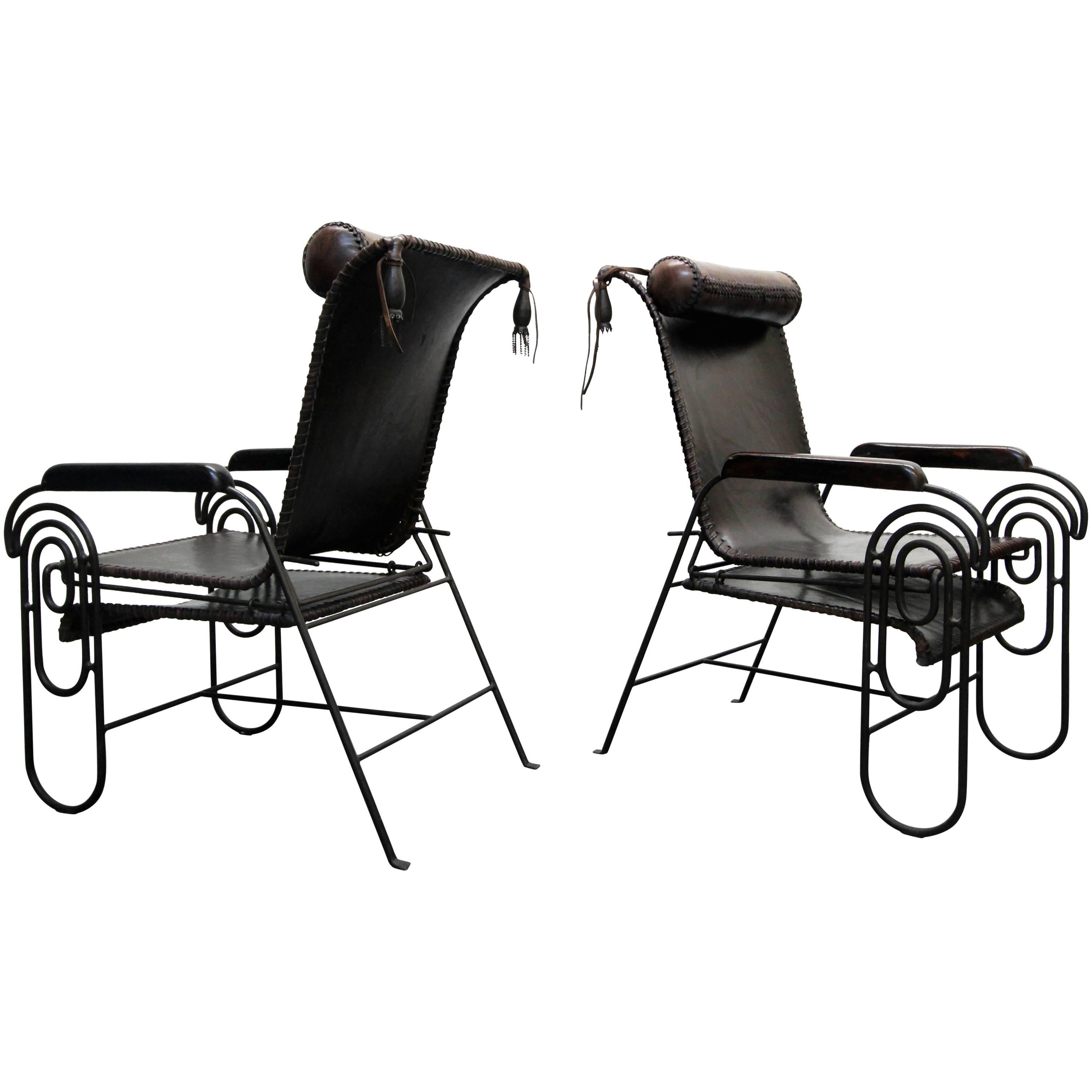 Pair of Art Deco Iron and Leather Rocking Lounge Chairs