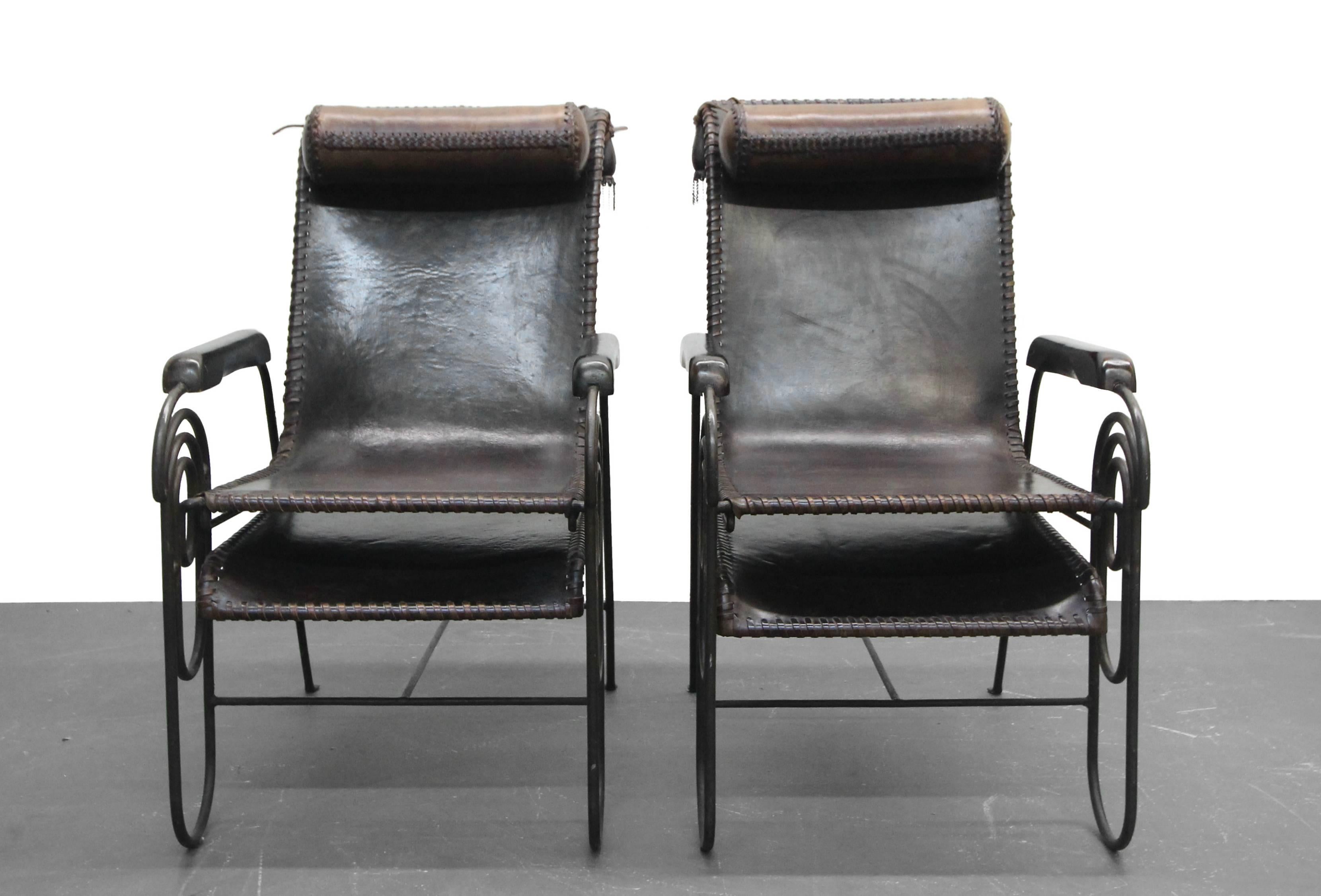 Pair of Art Deco Iron and Leather Rocking Lounge Chairs 2