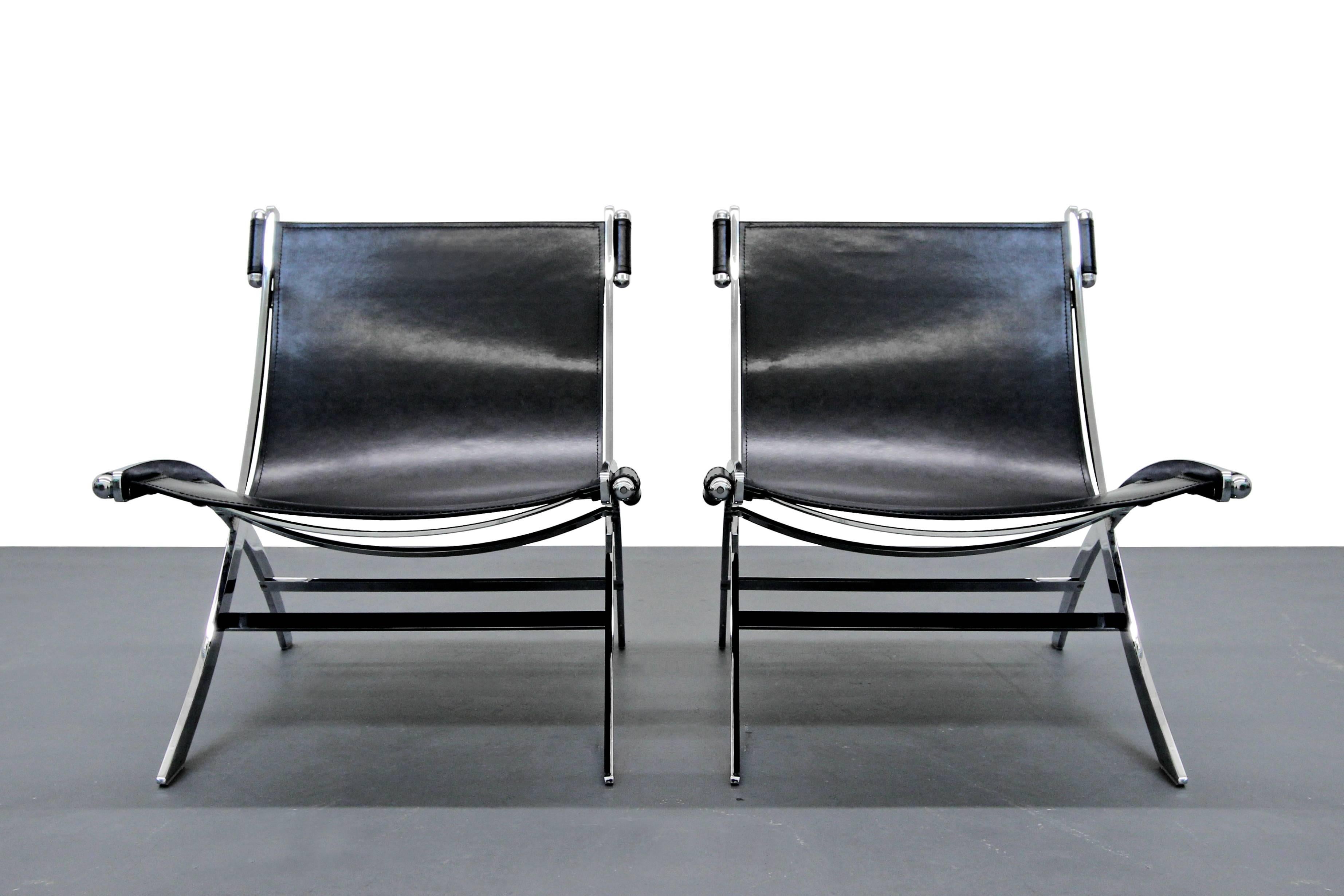 Mid-Century Modern Pair of Midcentury Italian Chrome and Leather Sling Scissor Chairs