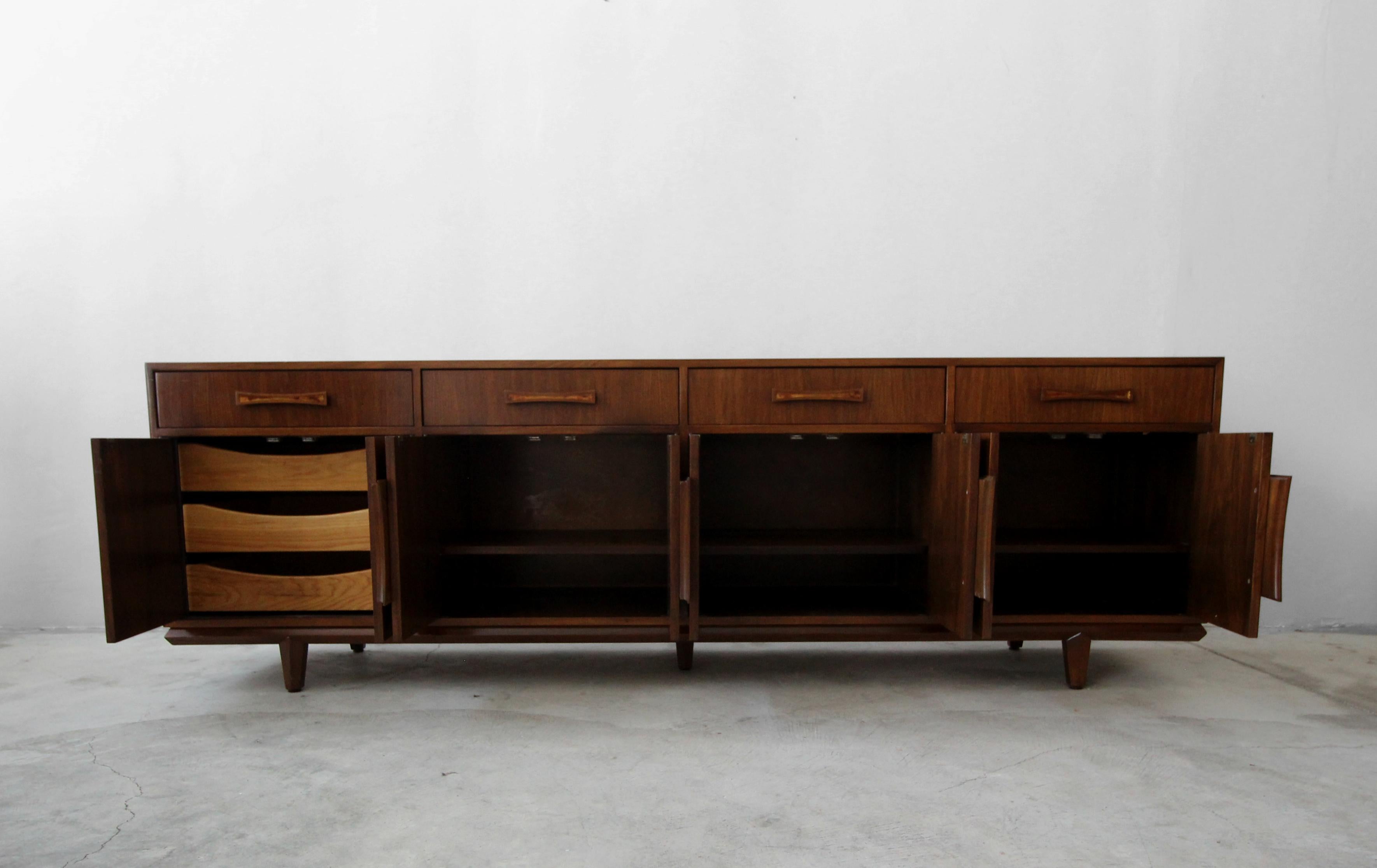 20th Century Monumental Midcentury Walnut Credenza with Inlay Handles by Cal Mode Furniture