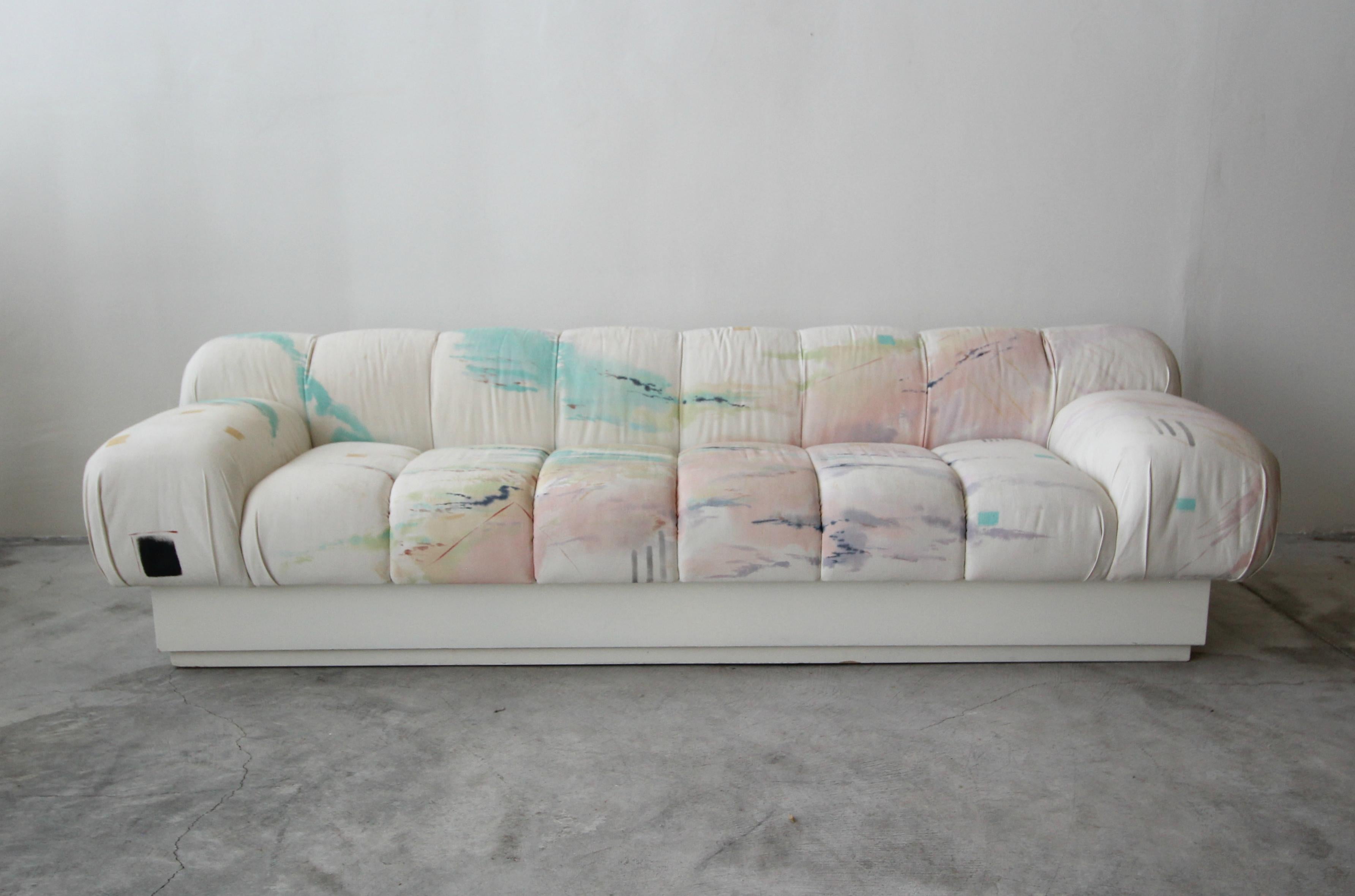 Post-Modern Custom Postmodern Italian Style Sofa on Plinth Base Artist Signed Fabric