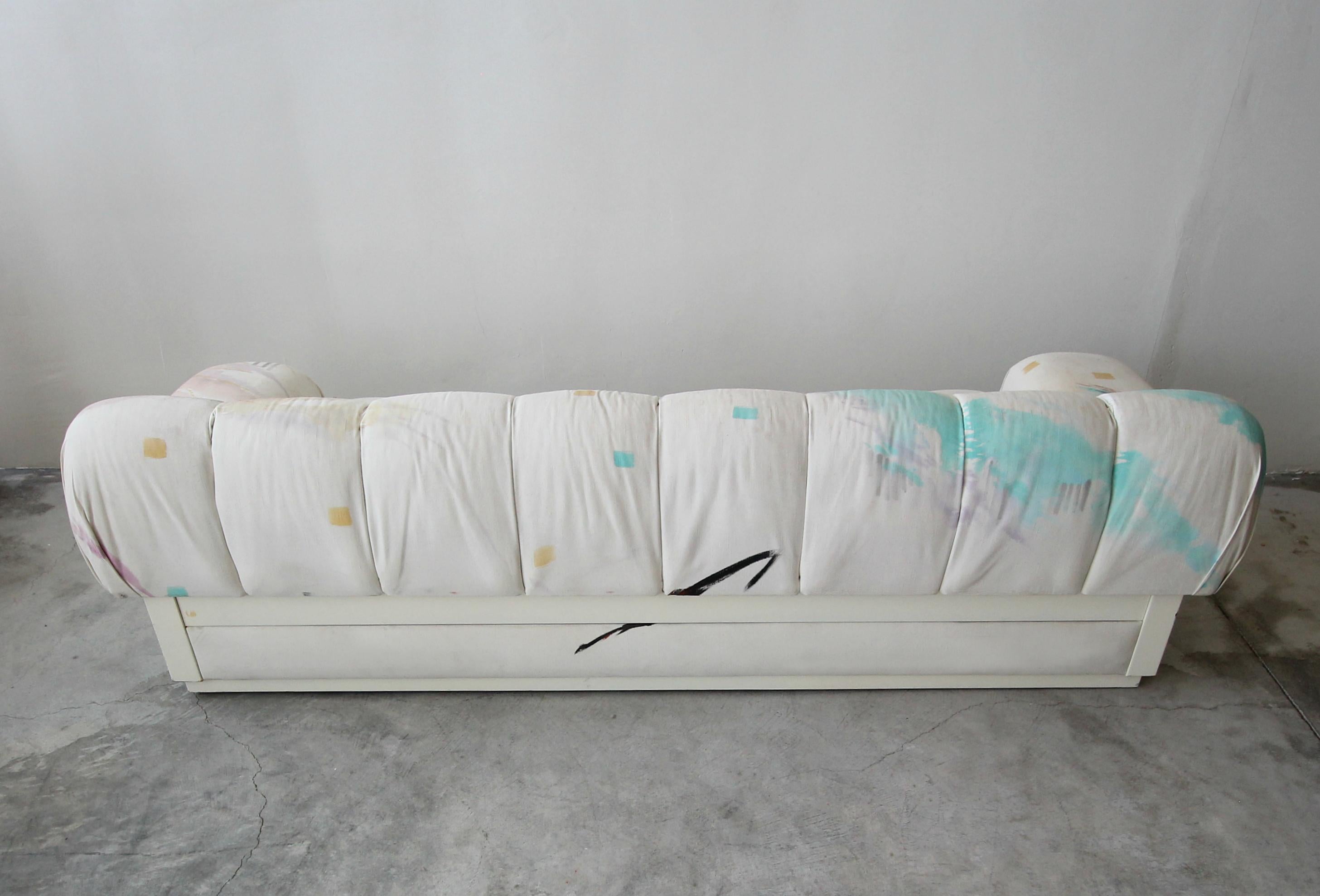 20th Century Custom Postmodern Italian Style Sofa on Plinth Base Artist Signed Fabric