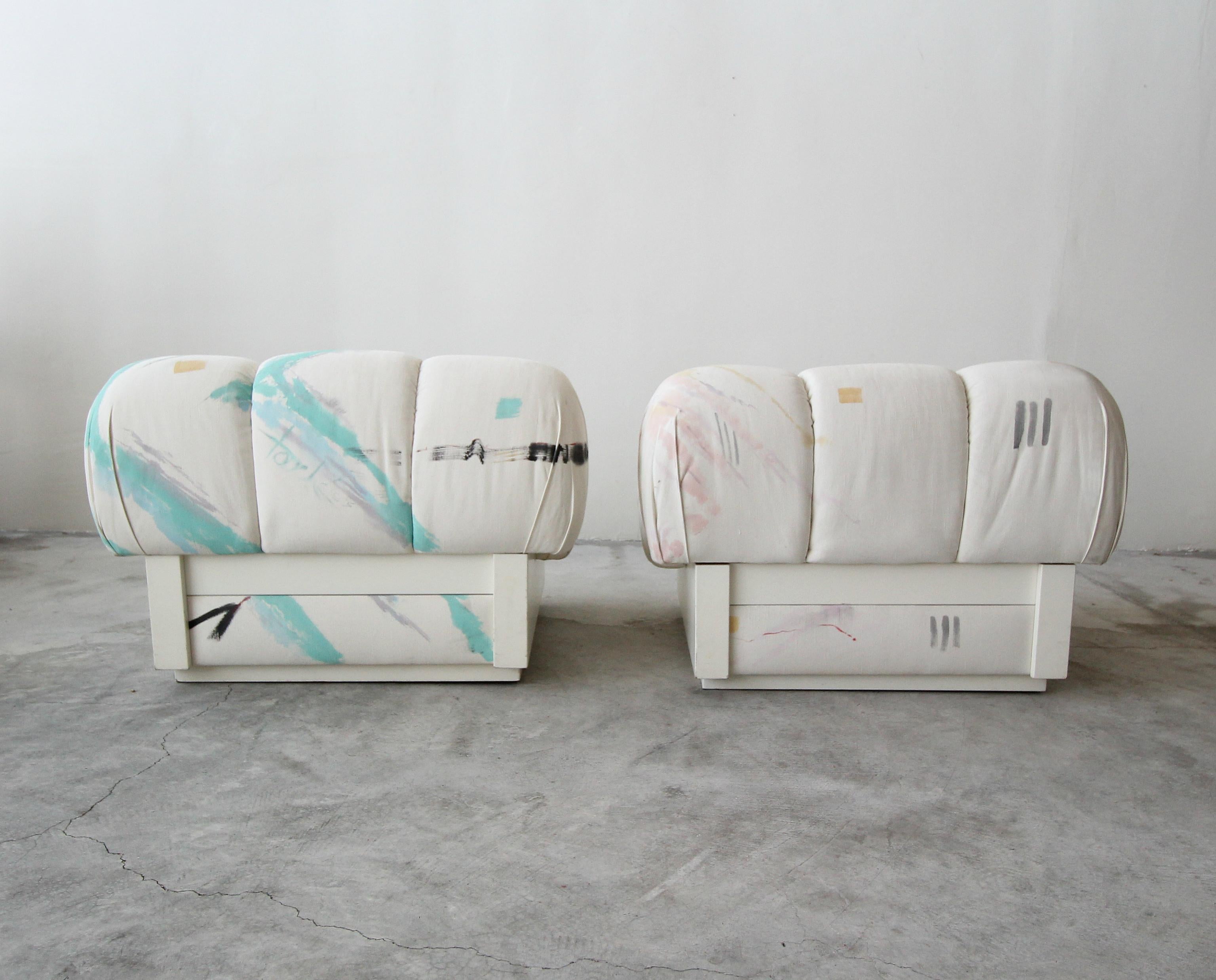 Custom Postmodern Italian Style Pair of Slipper Chairs Artist Signed Fabric 1