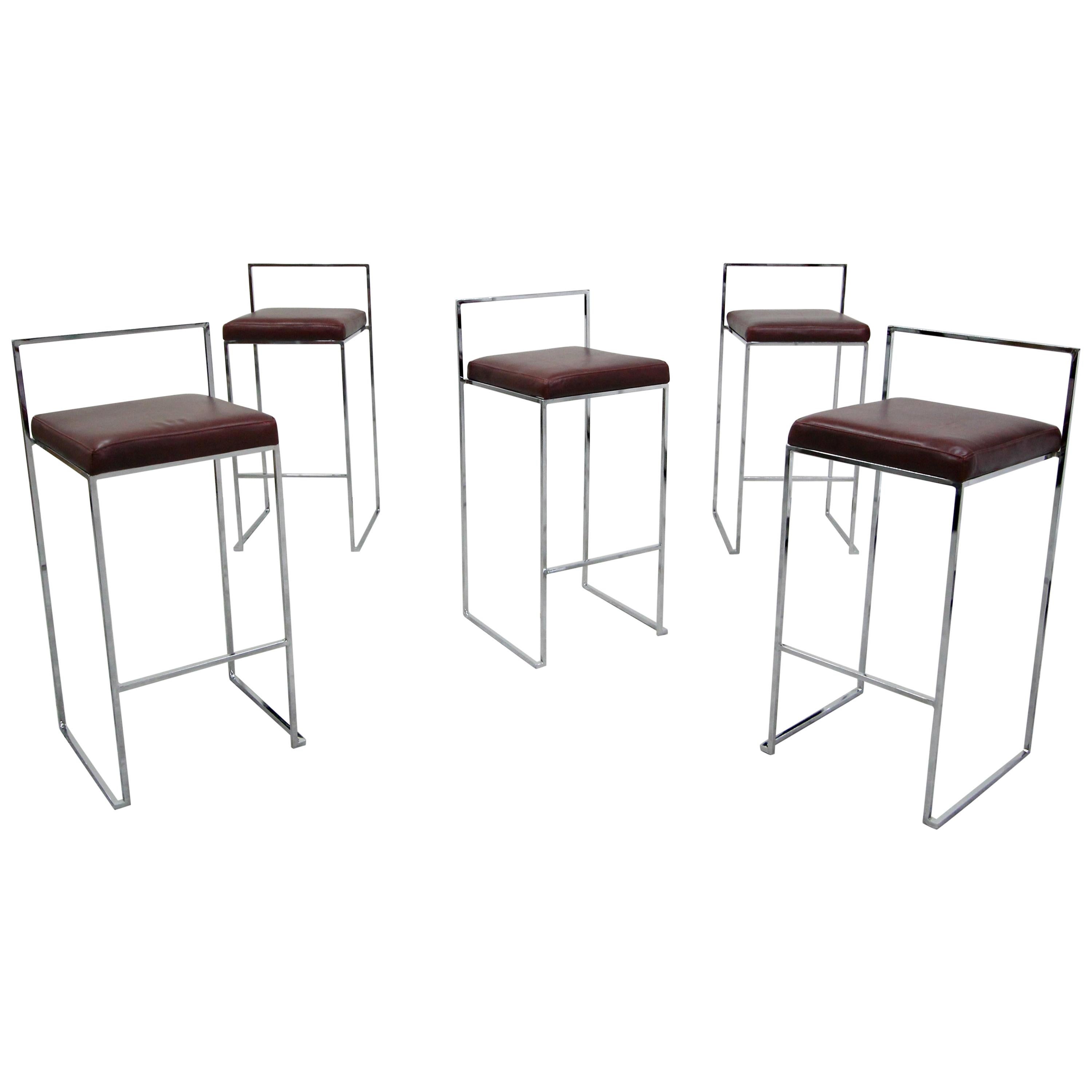 Set of Five Midcentury Thin Line Chrome and Leather Bar Stools by Milo Baughman