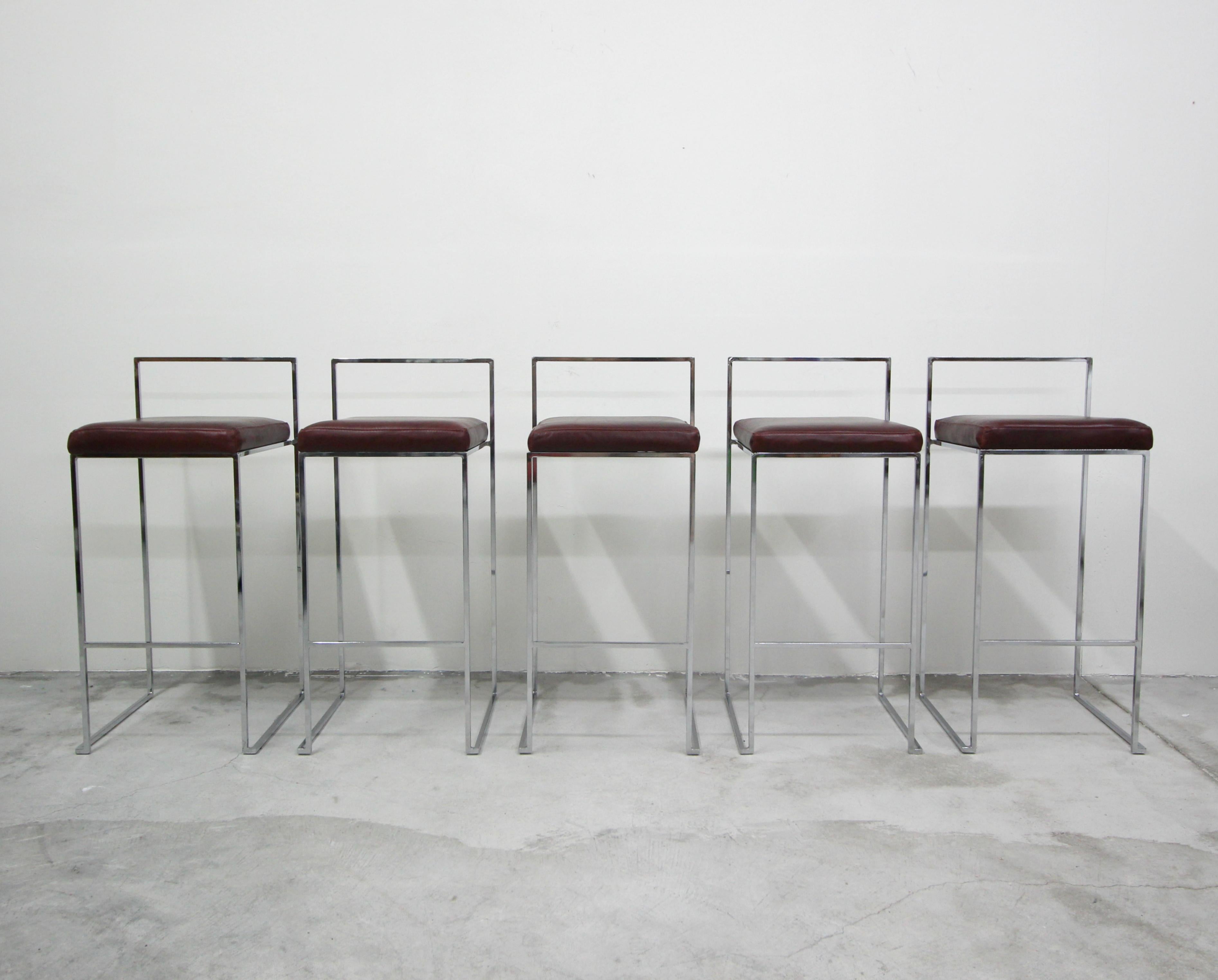 Mid-Century Modern Set of Five Midcentury Thin Line Chrome and Leather Bar Stools by Milo Baughman