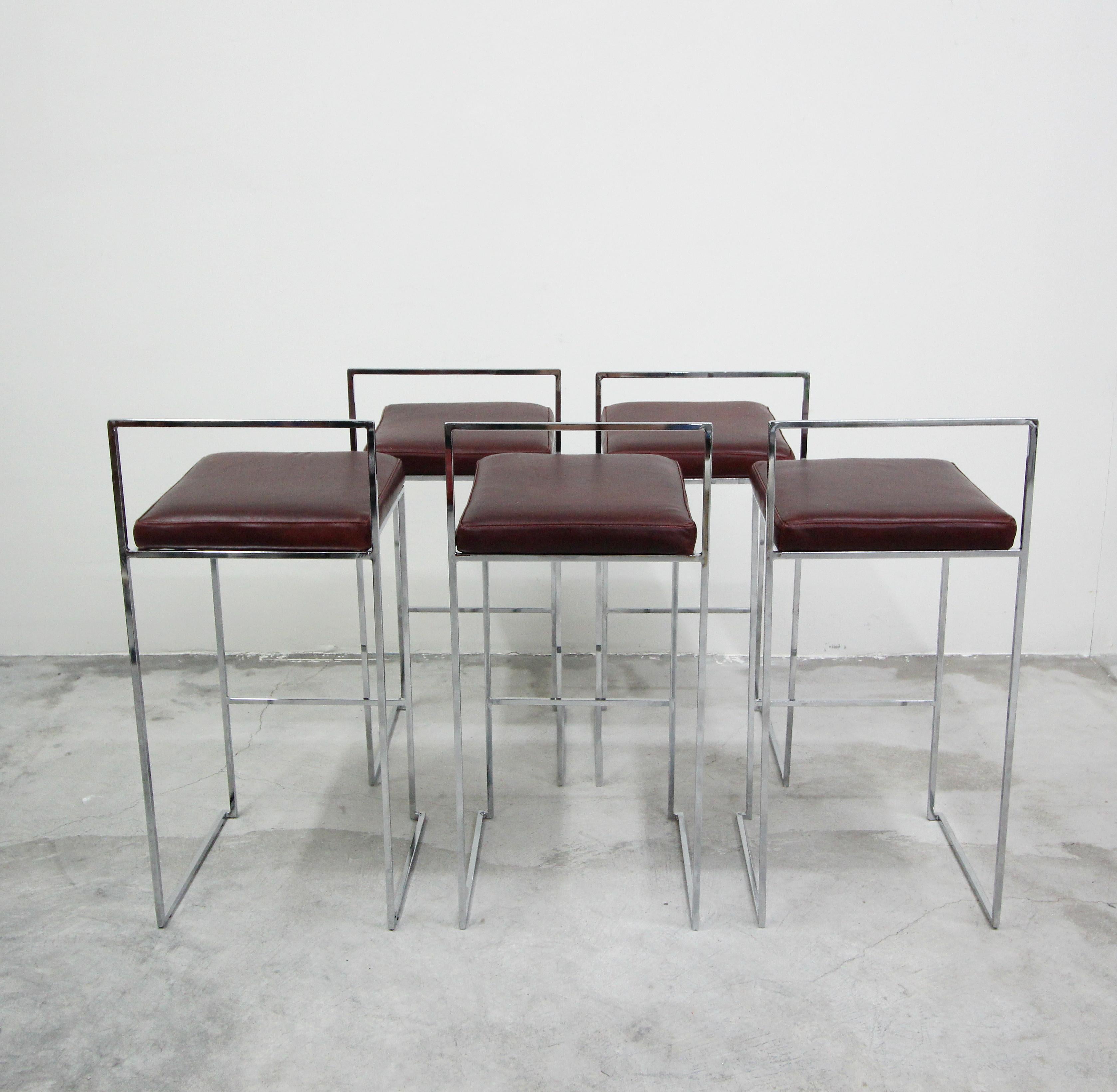 20th Century Set of Five Midcentury Thin Line Chrome and Leather Bar Stools by Milo Baughman