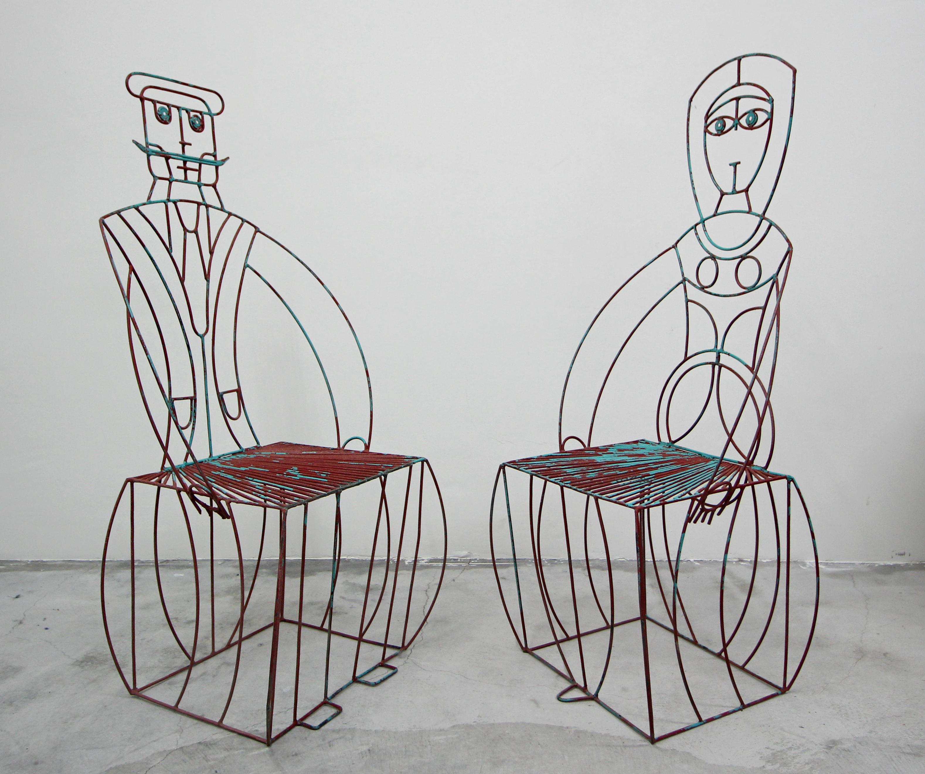 Mid-Century Modern Pair of Midcentury Figural His and Hers Steel Wire Patio Chairs by John Risley
