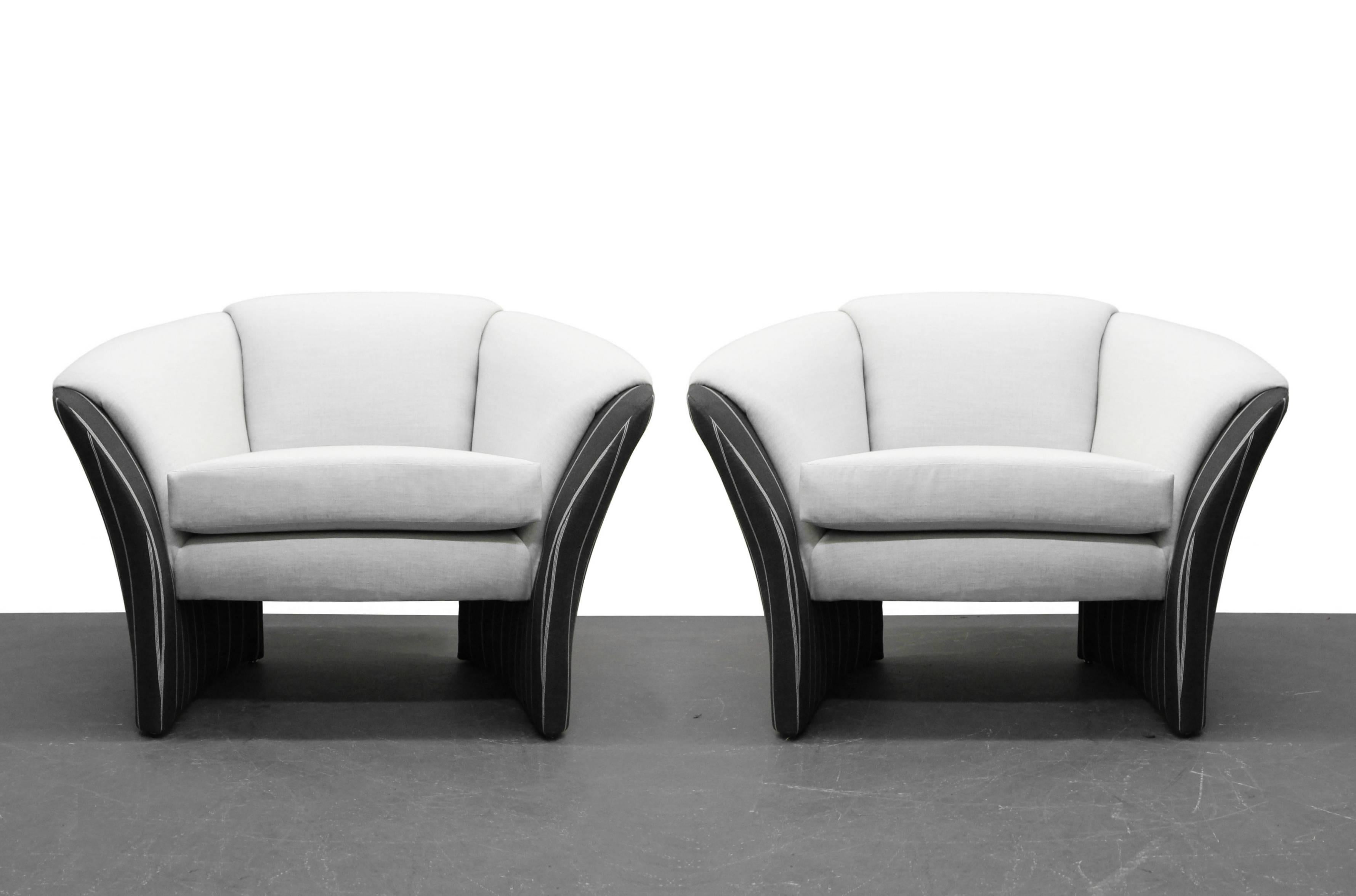 Mid-Century Modern Pair of Oversized Barrel Back Italian Lounge Chairs with Splayed Arms