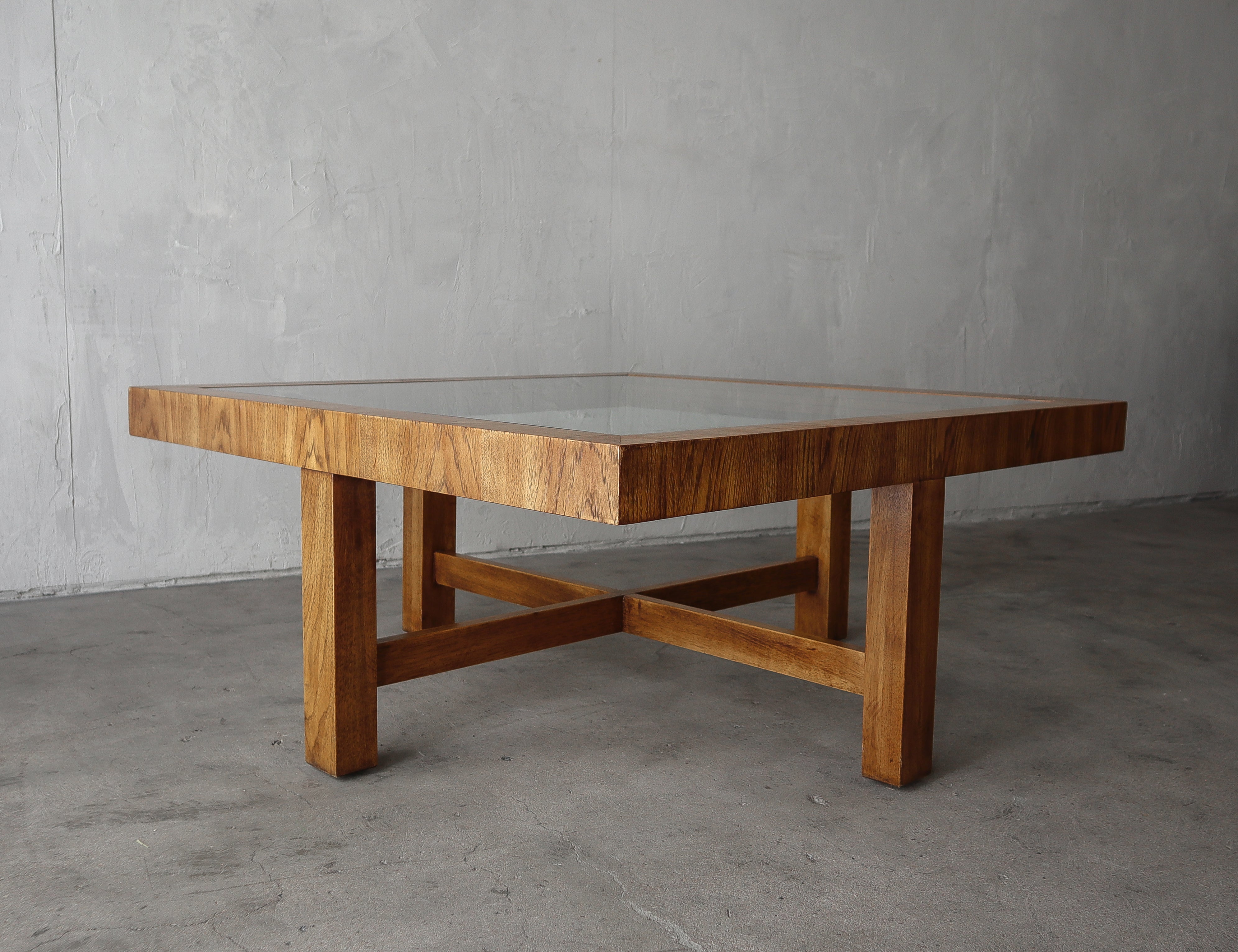 Minimalist Vintage Oak and Glass Coffee Table For Sale