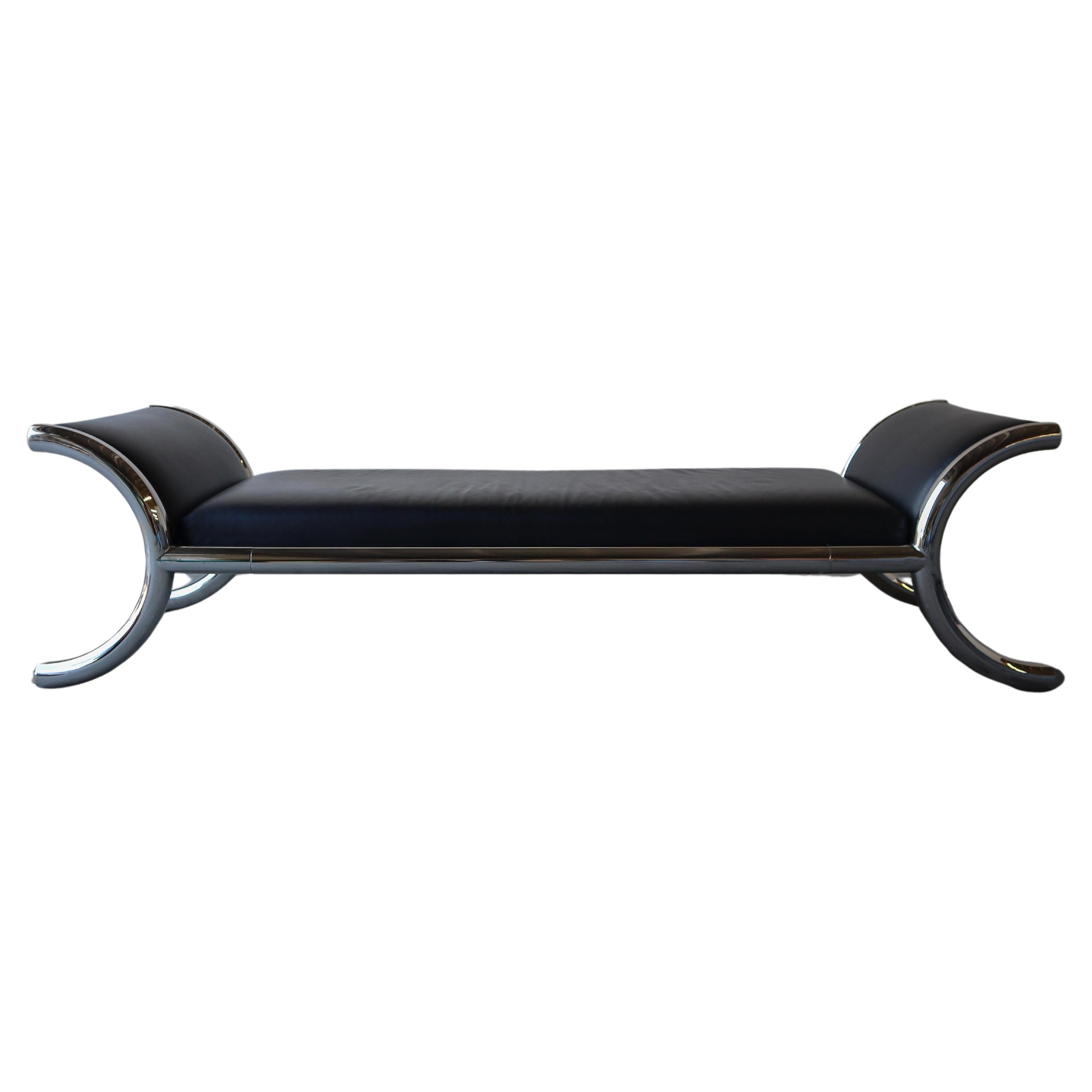 1970s Black Leather and Chrome Steel Daybed Bench For Sale