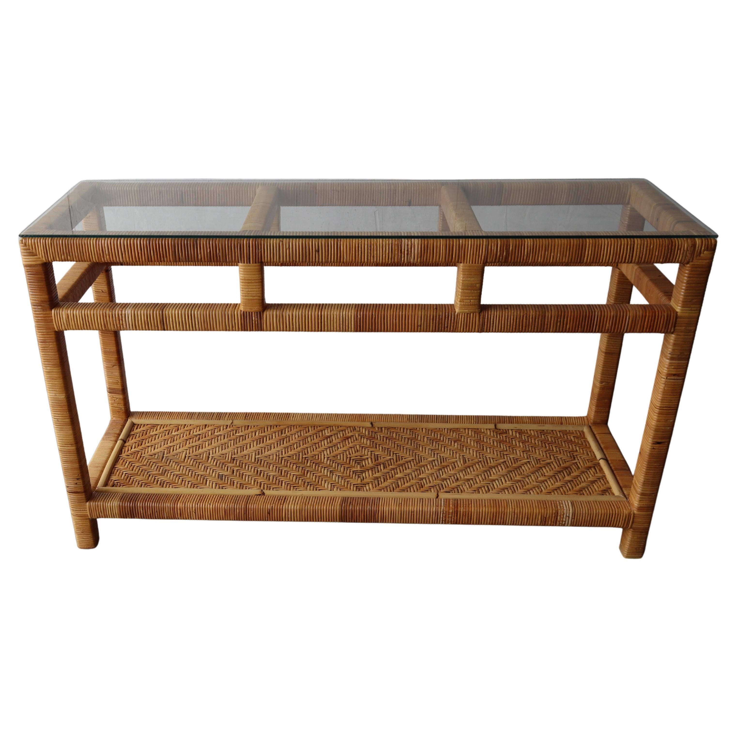 High Quality Vintage Wicker and Glass Console Table