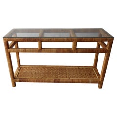 High Quality Vintage Wicker and Glass Console Table