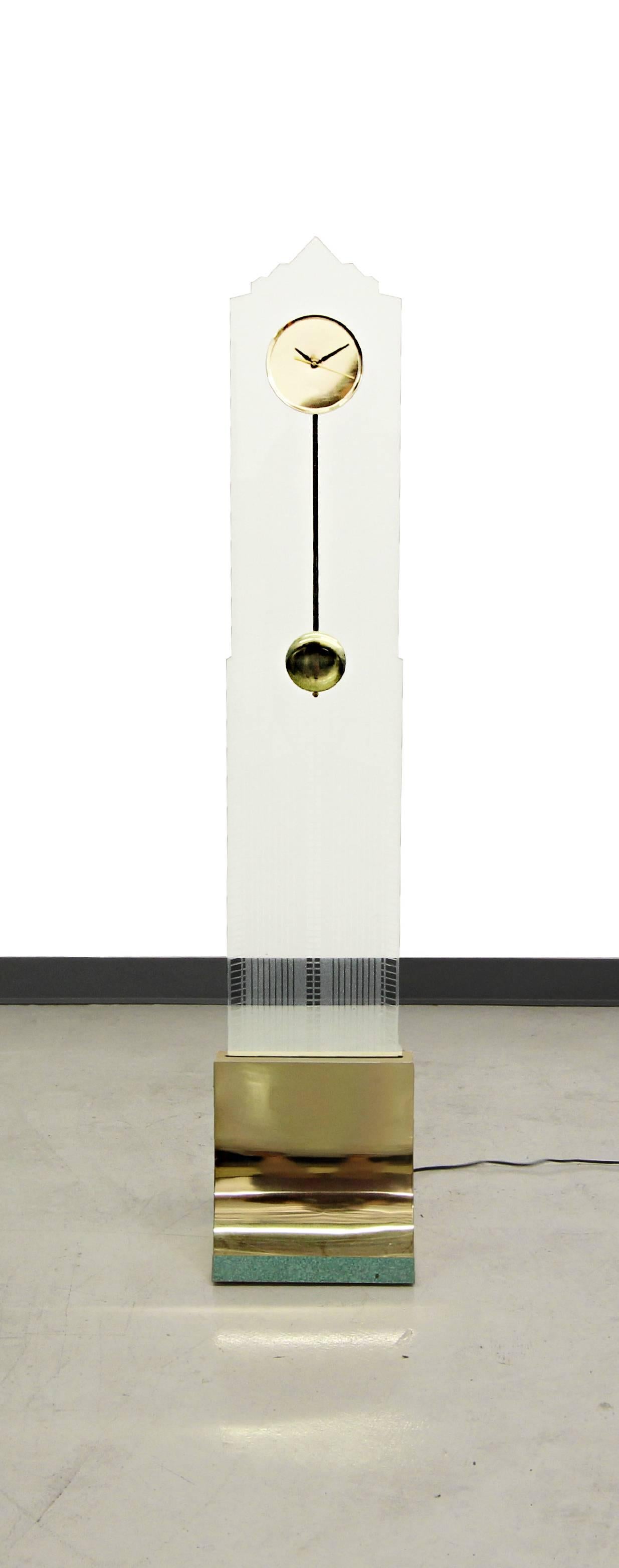 Illuminated Acylic and Brass Art Deco Floor Clock by Aquarius Mirrorworks In Excellent Condition In Las Vegas, NV
