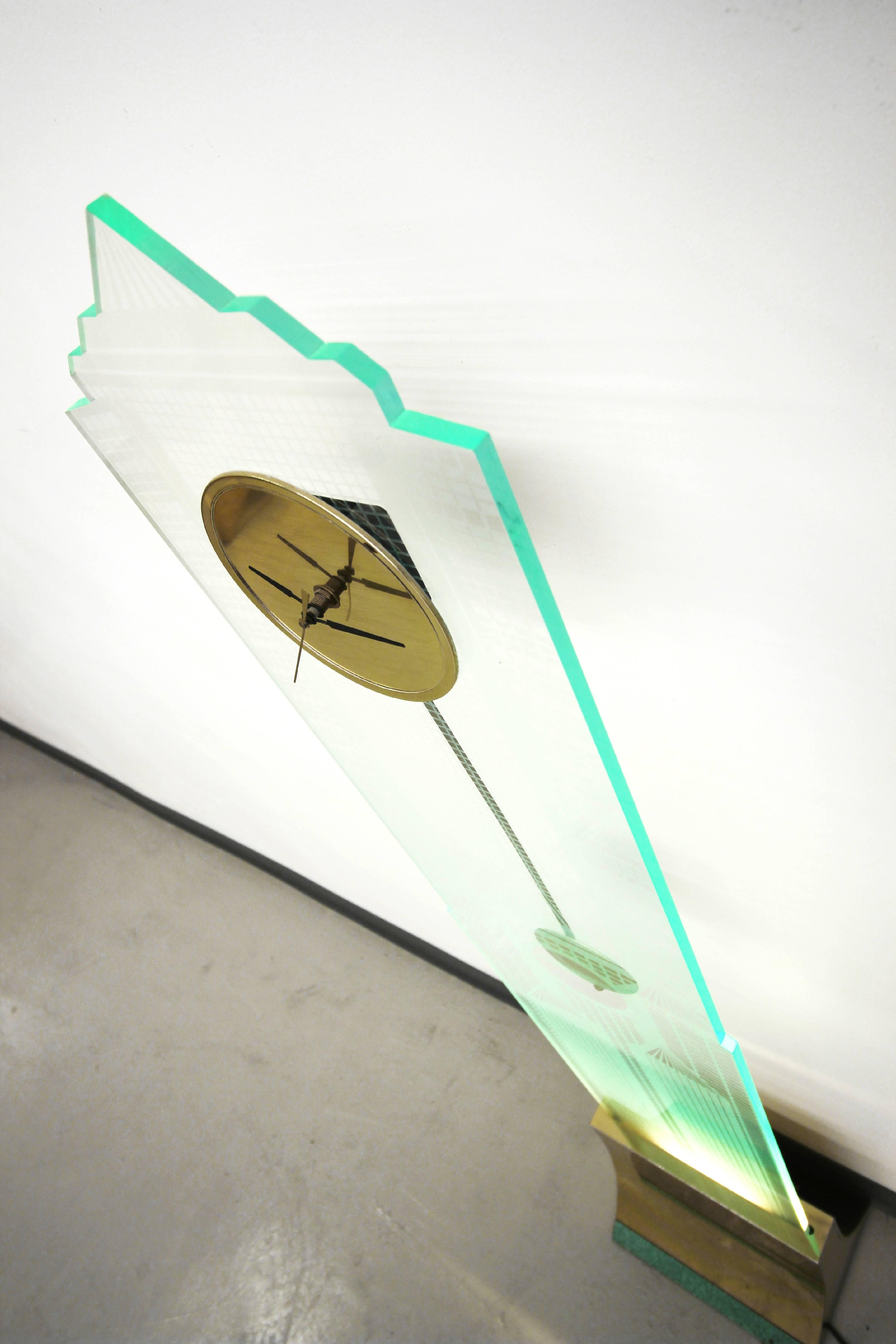 20th Century Illuminated Acylic and Brass Art Deco Floor Clock by Aquarius Mirrorworks