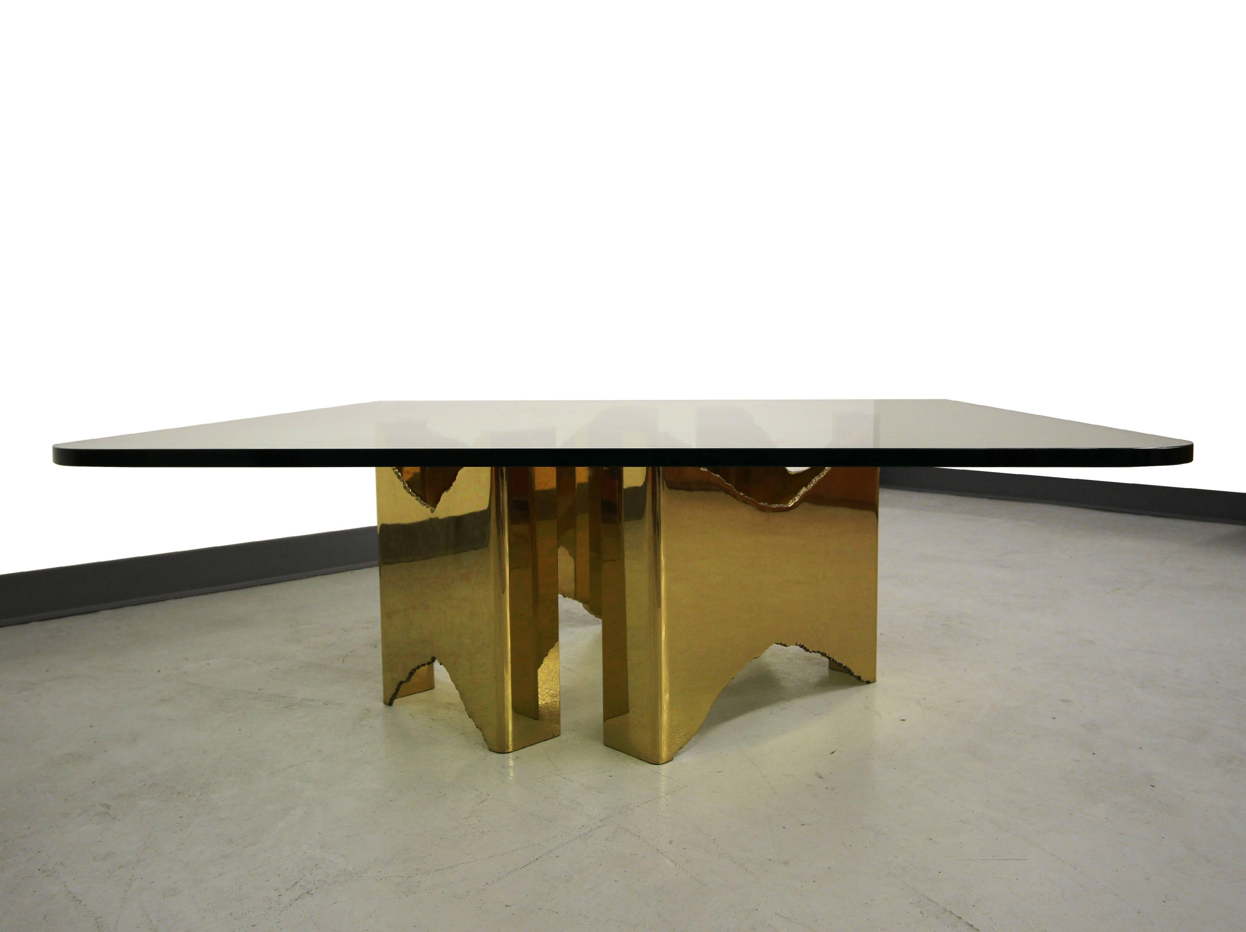 2 piece Torch Cut Solid Brass Brutalist Coffee Table Base In Excellent Condition In Las Vegas, NV