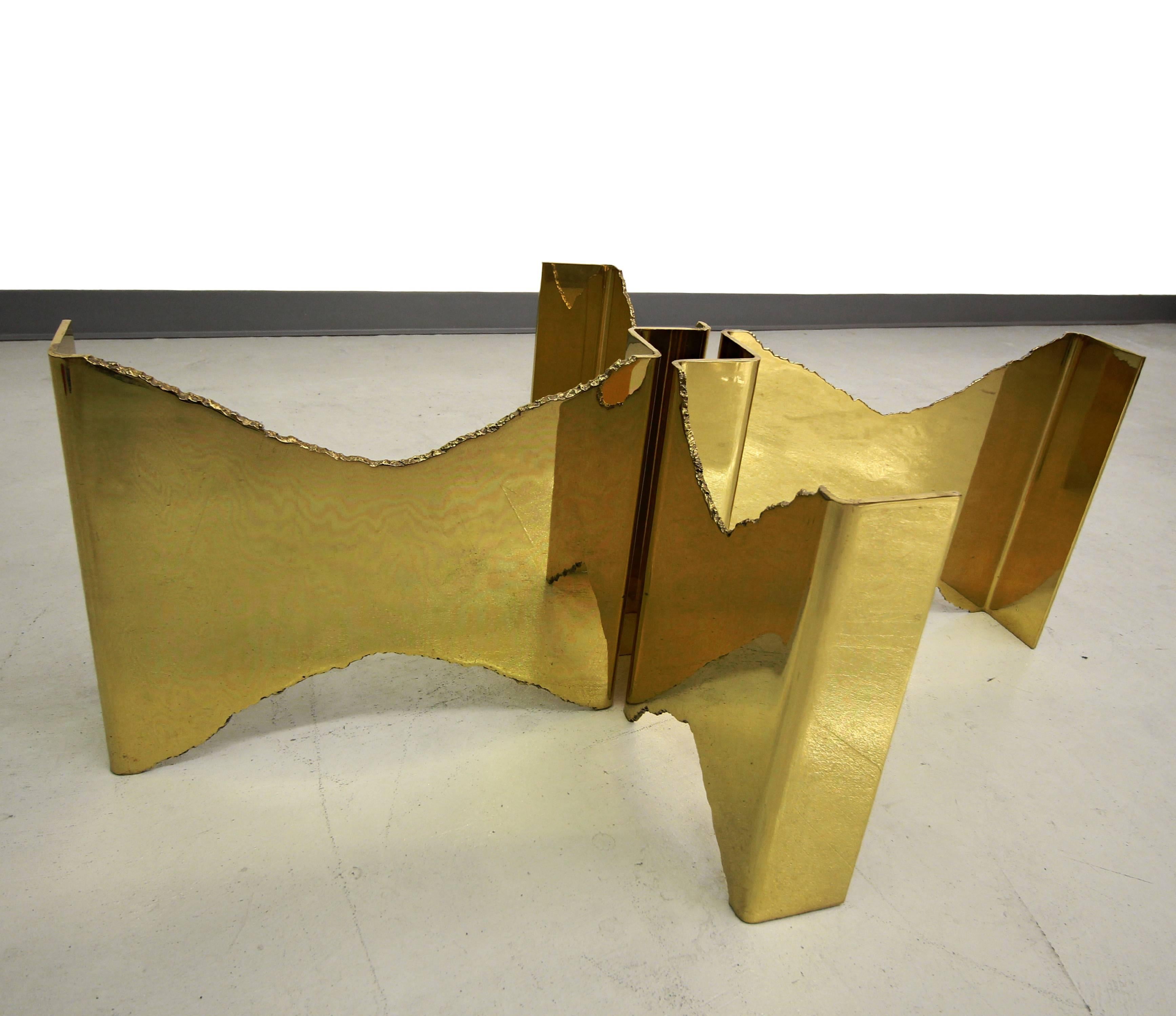 2 piece Torch Cut Solid Brass Brutalist Coffee Table Base 4