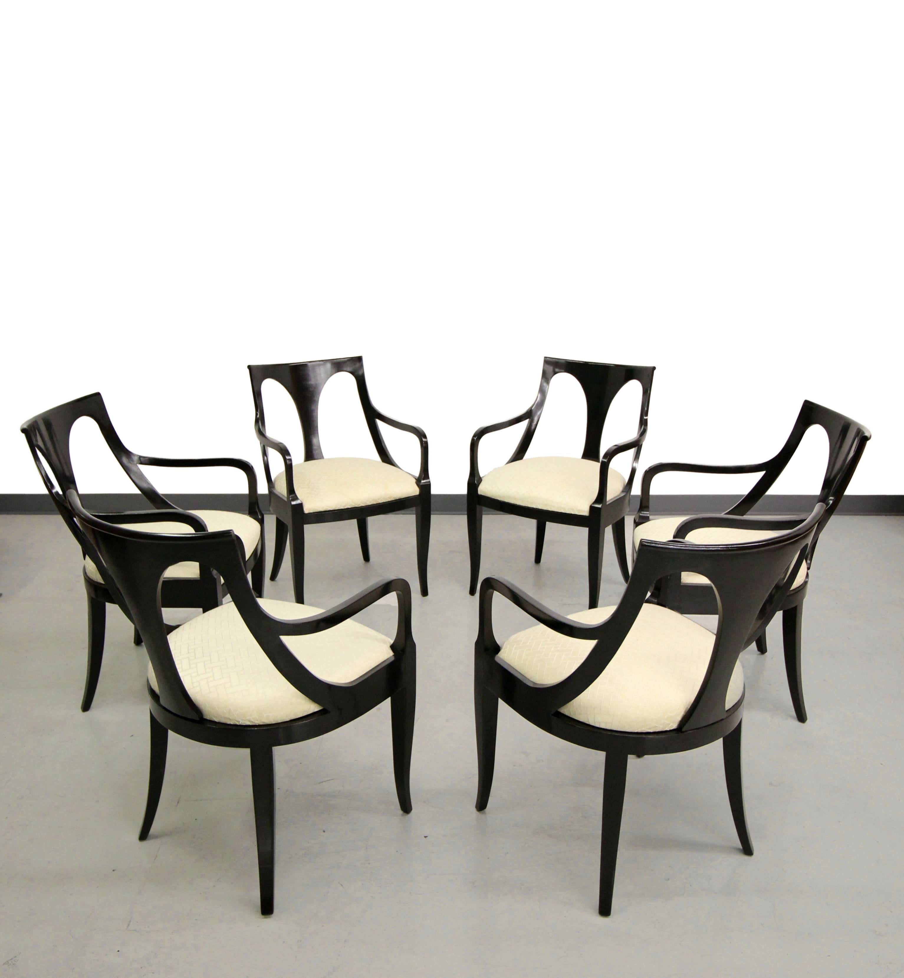 Absolutely gorgeous set of 6 black mid century modern dining chairs by Kindel Furniture.  For these chairs there are no words.  They are absolutely stunning.  Chairs are in superb condition however reupholstery is suggested and can be provided.