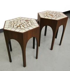 Pair of Midcentury Harvey Probber Walnut and Tile Hexagonal Side Tables