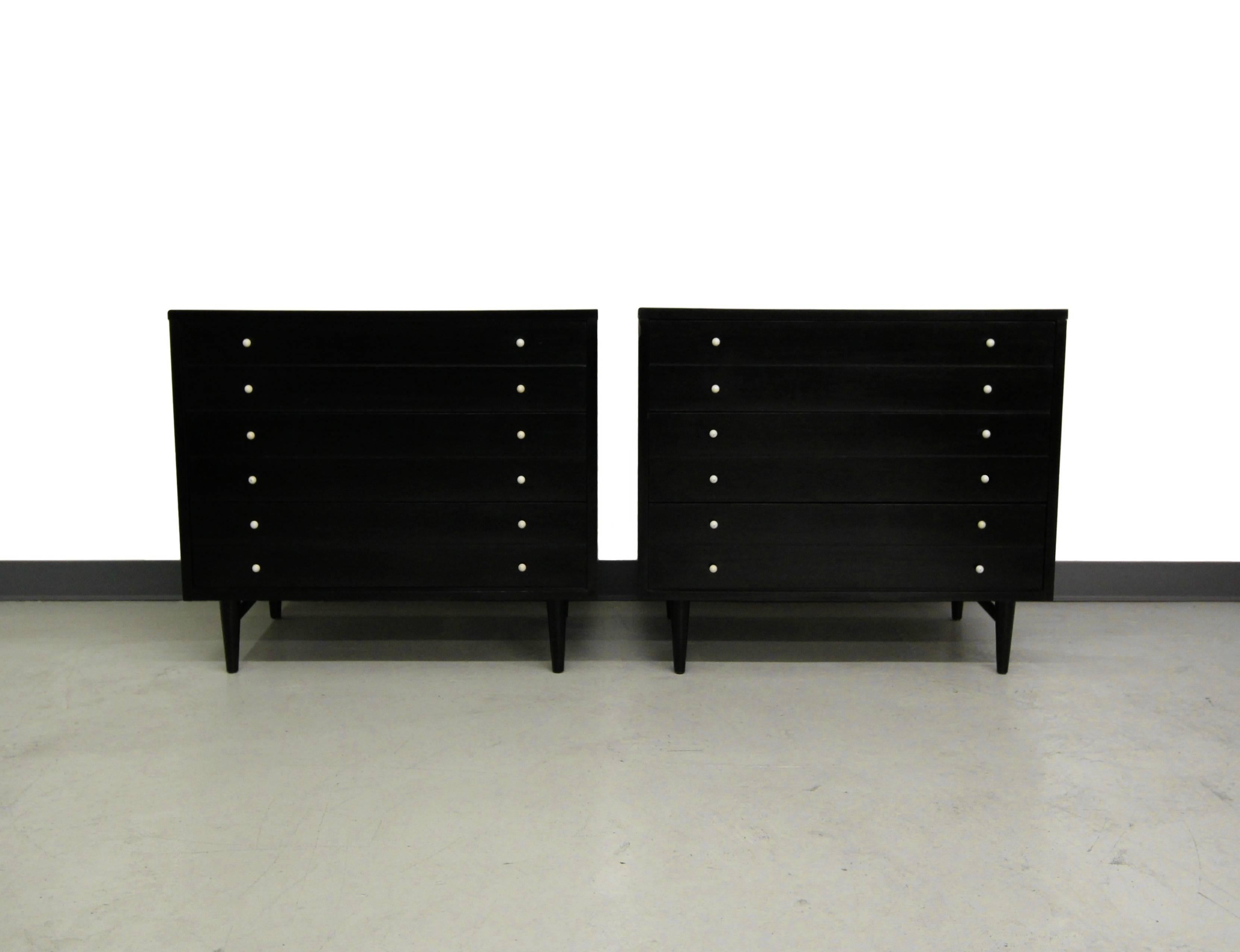 Gorgeous pair of all Mid-Century matched small dressers by American of Martinsville, They feature their original black lacquer and white laminate tops. These beauties would work well as dressers, oversized nightstands or even side by side as a