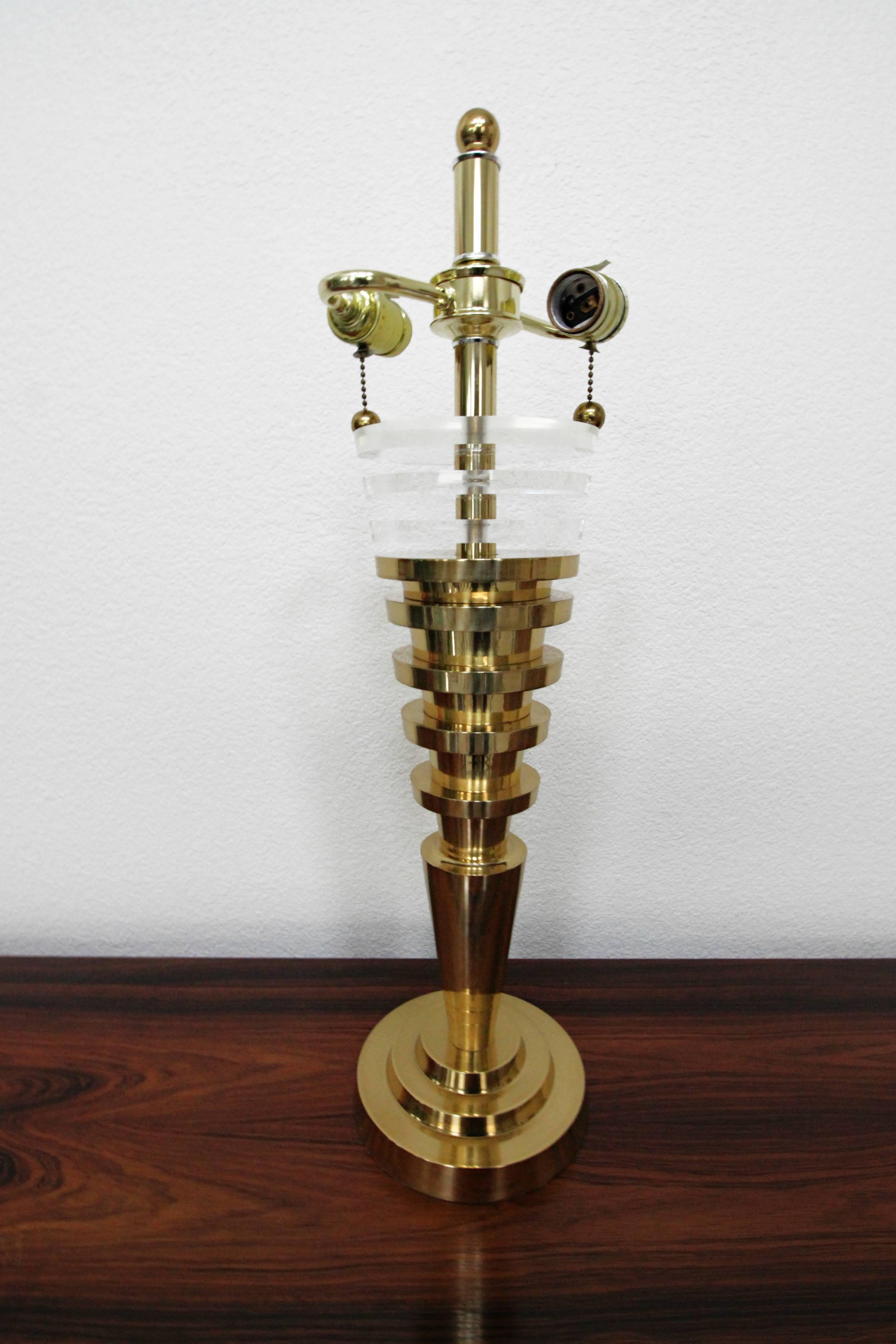 Hollywood Regency Substantial Pair of Conical Stacked Brass and Lucite Table Lamps