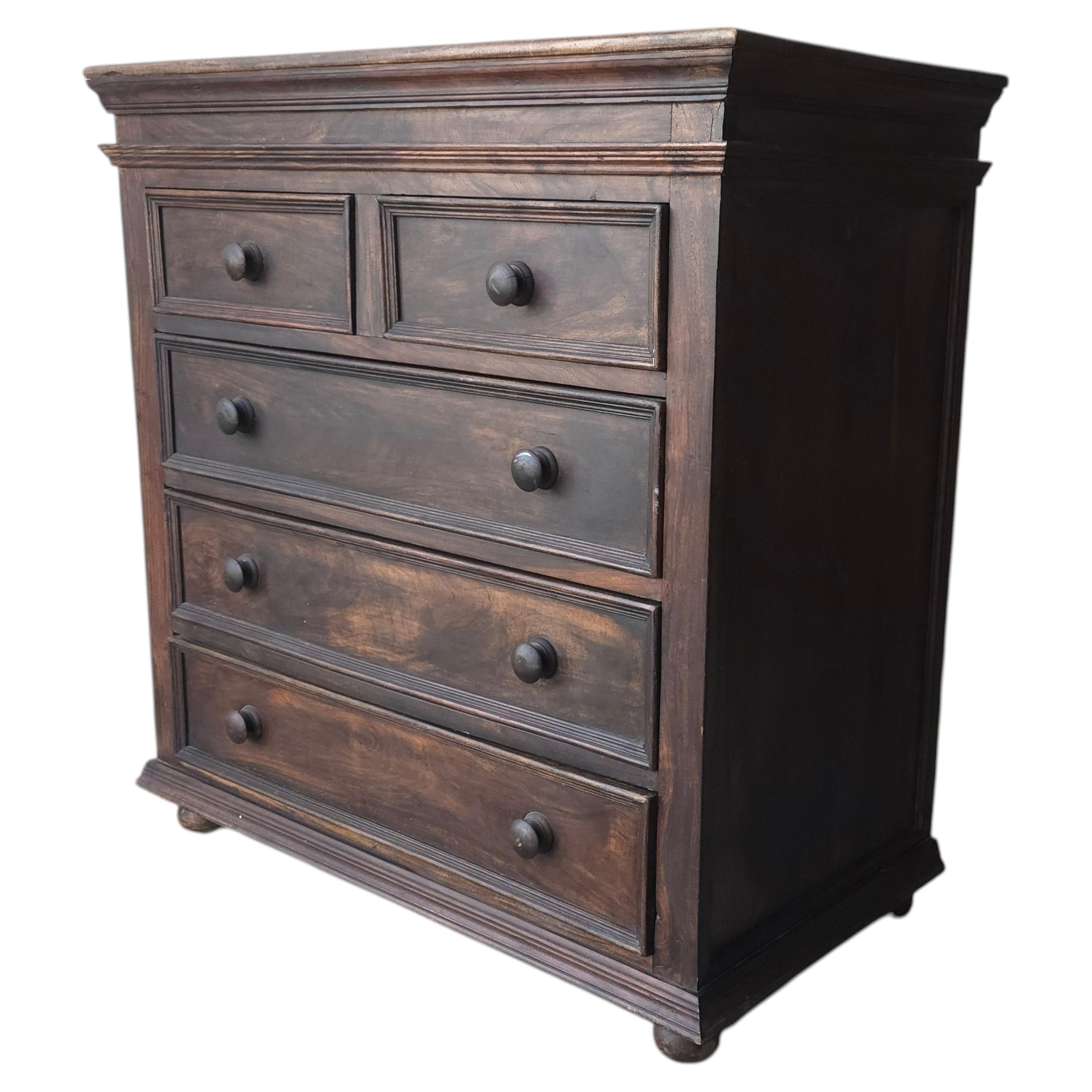 Large Rustic European Style Dark Wood 5 Drawer Dresser