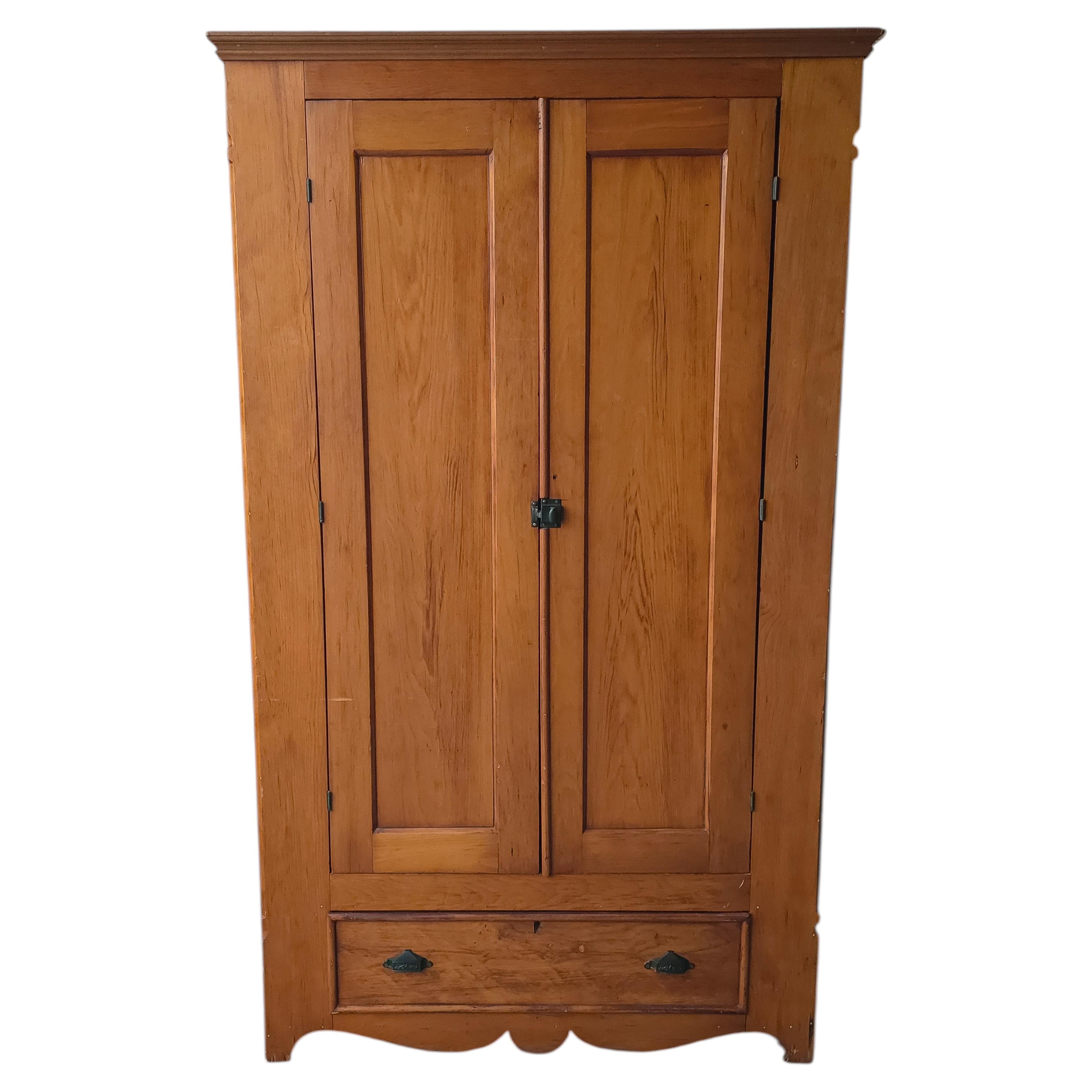 19th Century Antique European Pine Wardrobe Cabinet For Sale