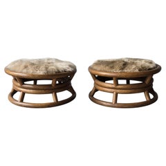 Pair of Round Bamboo Low Stools with Fur Seat by Paul Frankl