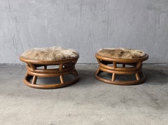 Pair of Round Bamboo Low Stools with Fur Seat by Paul Frankl