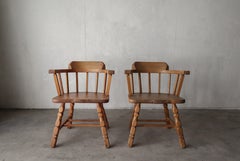Pair of Antique Craftsman Wood Barrel Arm Chairs