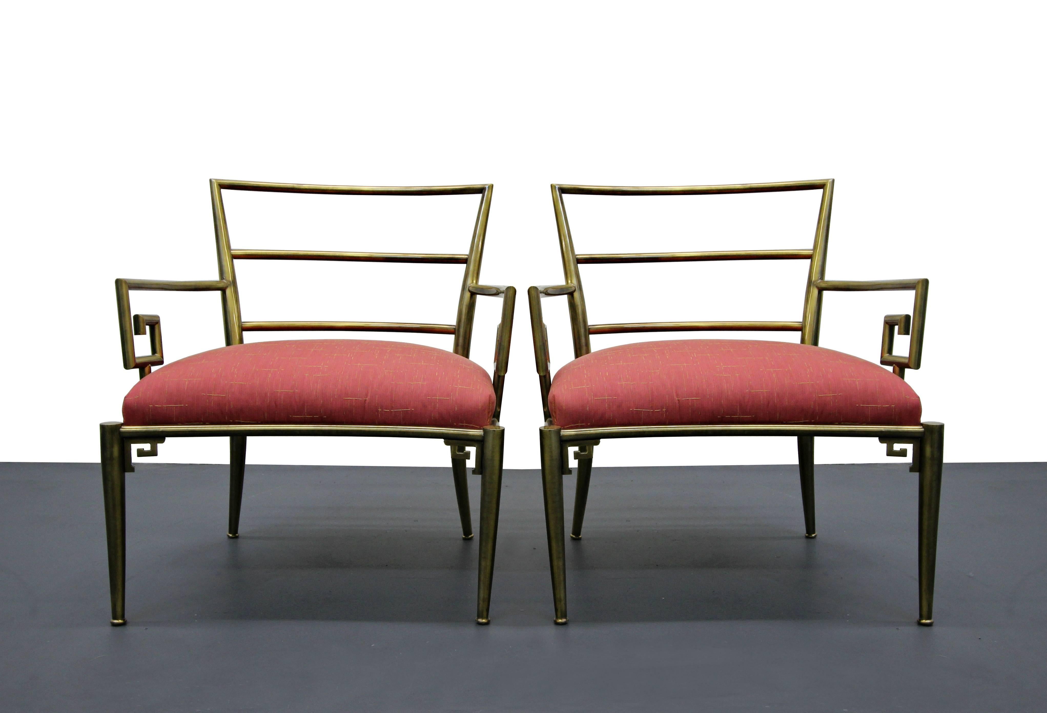 Neoclassical Pair of Solid Brass Mid-Century Italian Greek Key Arm Side Chairs