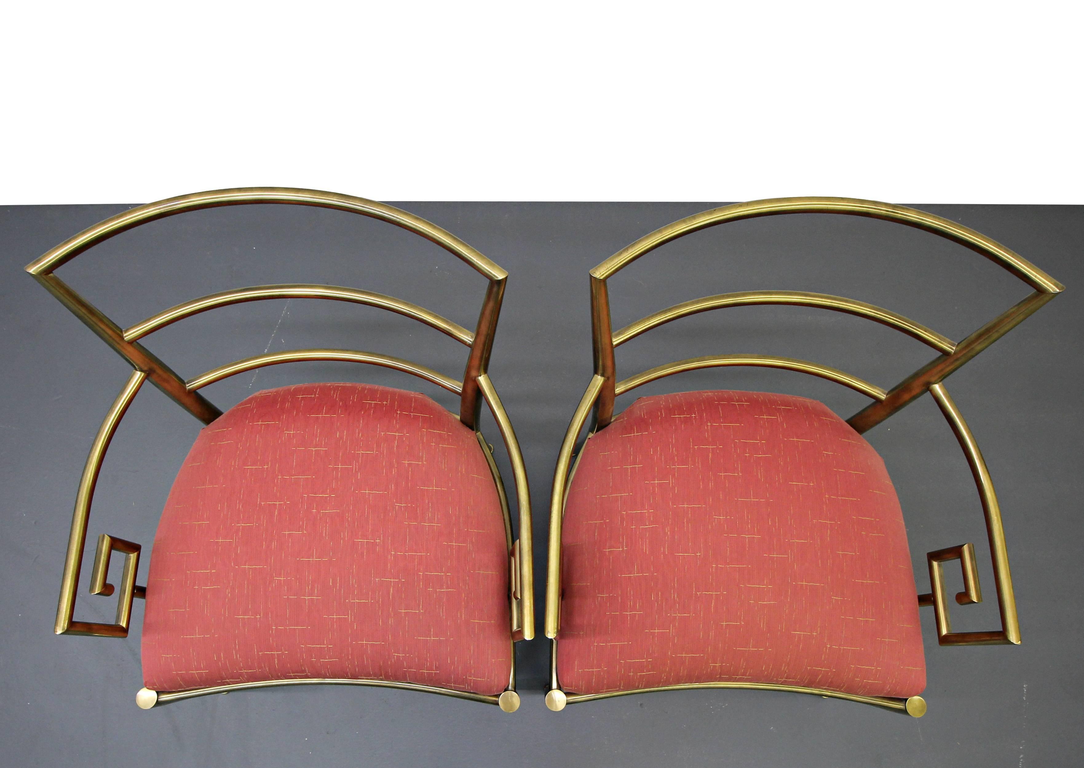 20th Century Pair of Solid Brass Mid-Century Italian Greek Key Arm Side Chairs