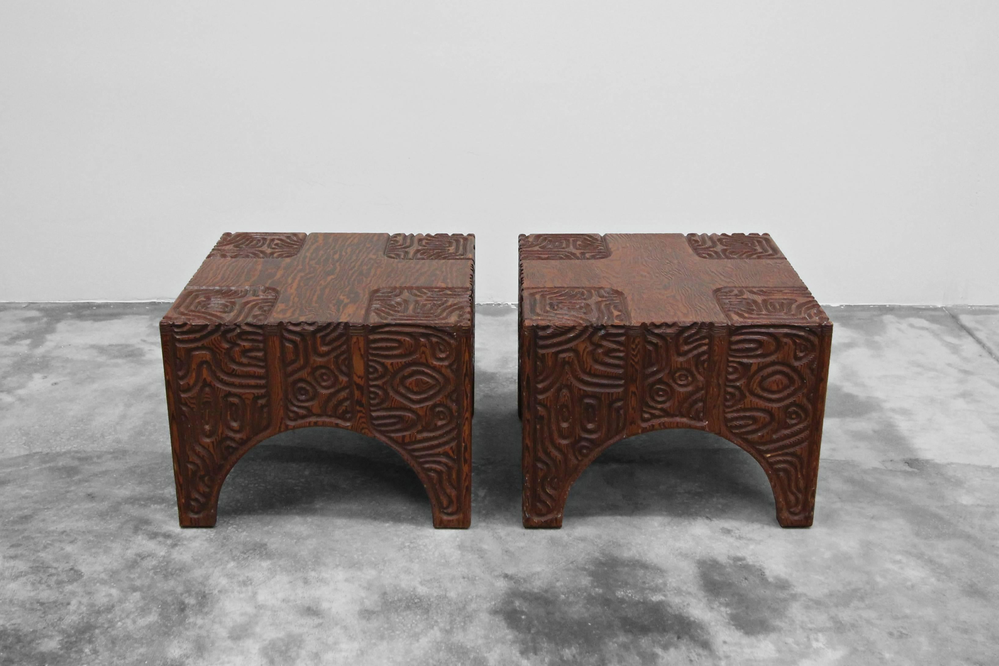 20th Century Pair of Midcentury Panelcarve Style Carved Wood End Tables by Sherrill Broudy