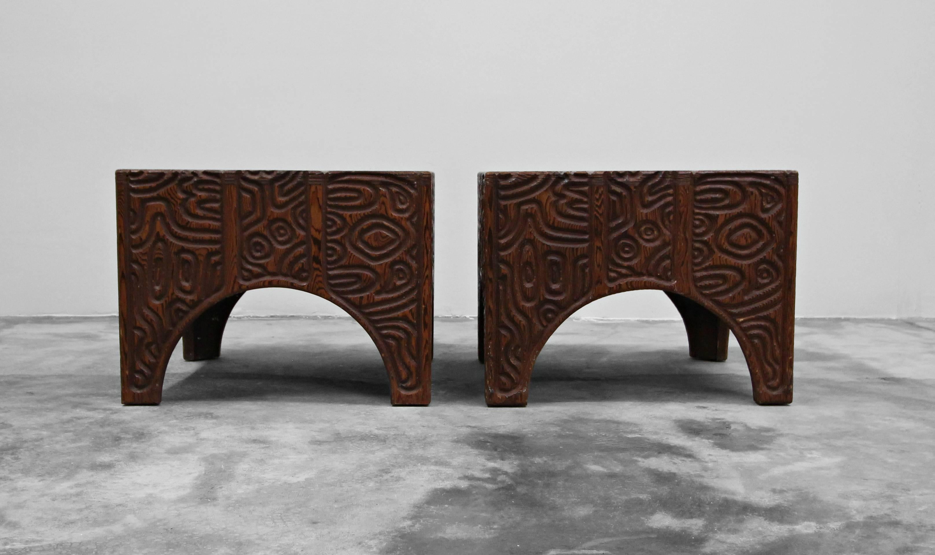 Mid-Century Modern Pair of Midcentury Panelcarve Style Carved Wood End Tables by Sherrill Broudy